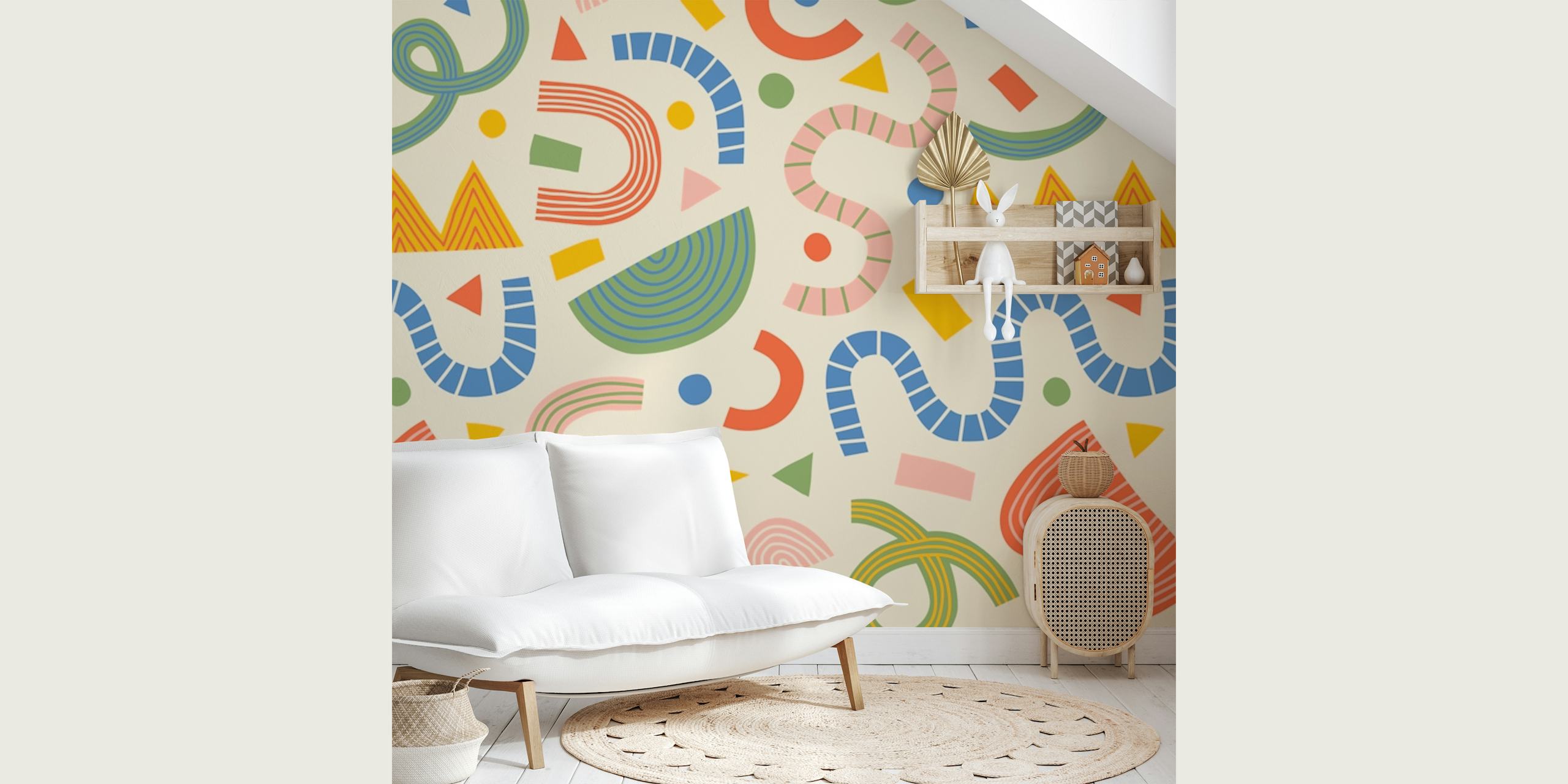Colorful geometric shapes in pink, green, and yellow wallpaper