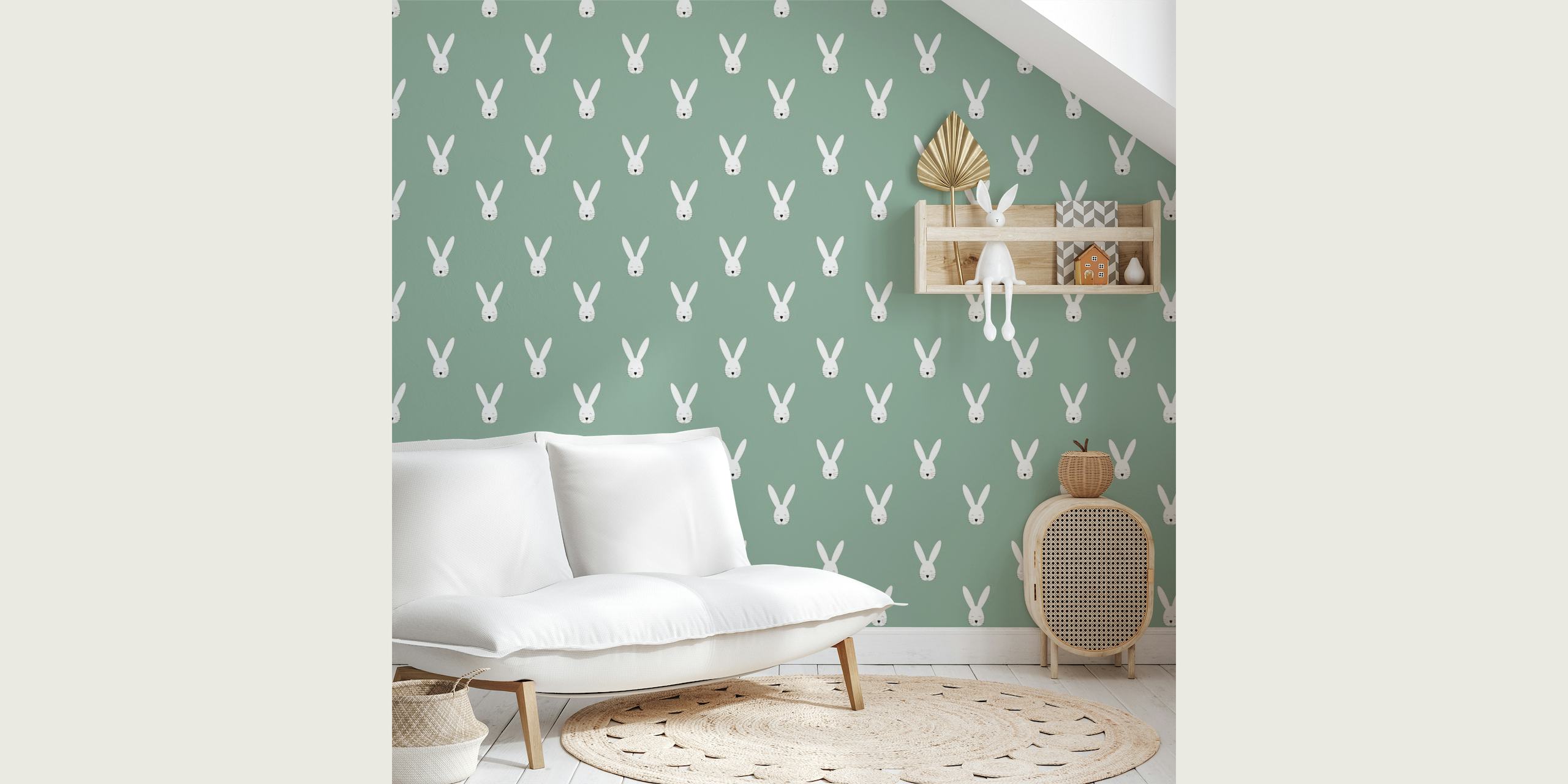 Happy Bunny sage green wallpaper