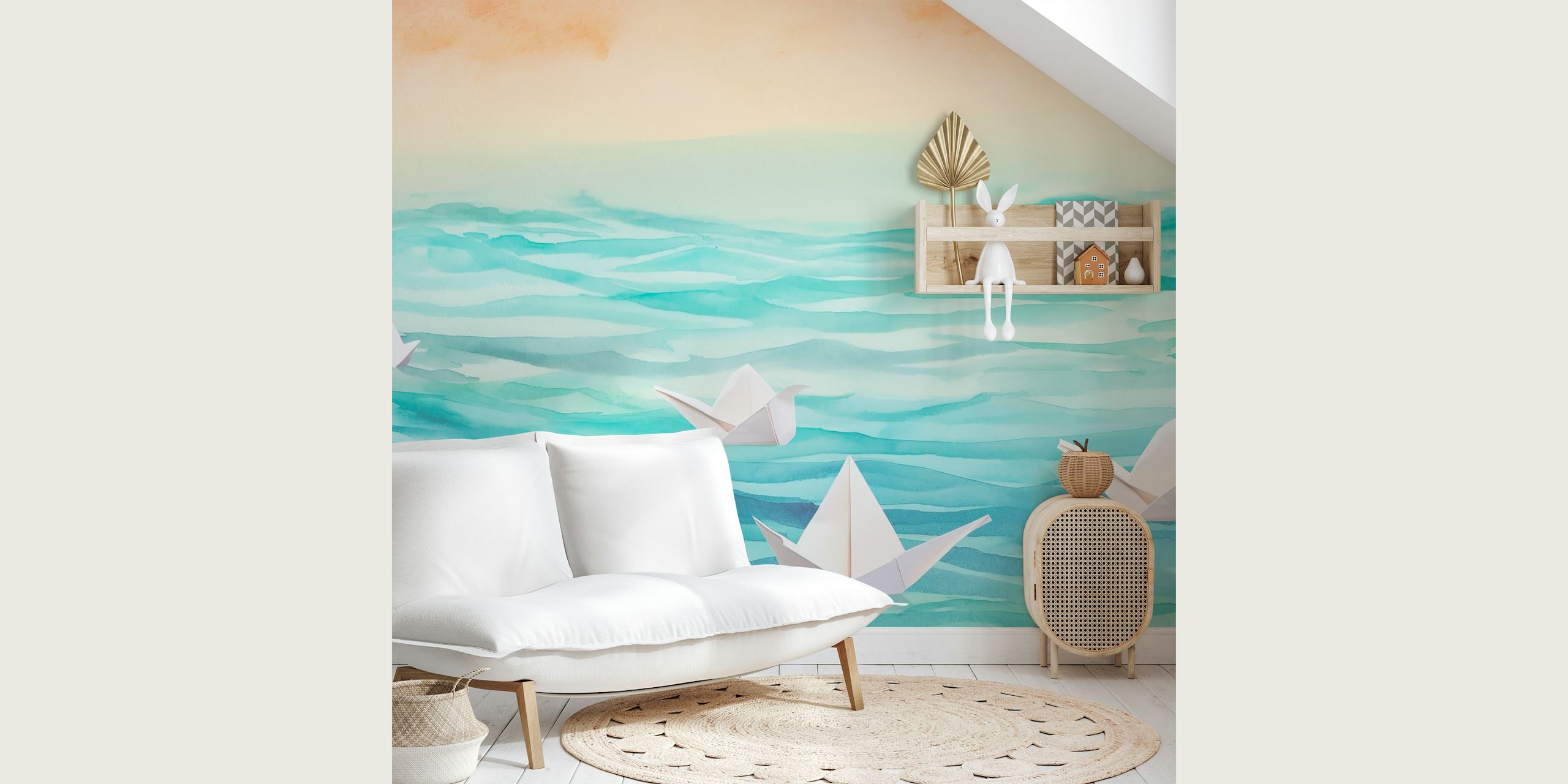 Origami paper boats on a watercolor sea wall mural