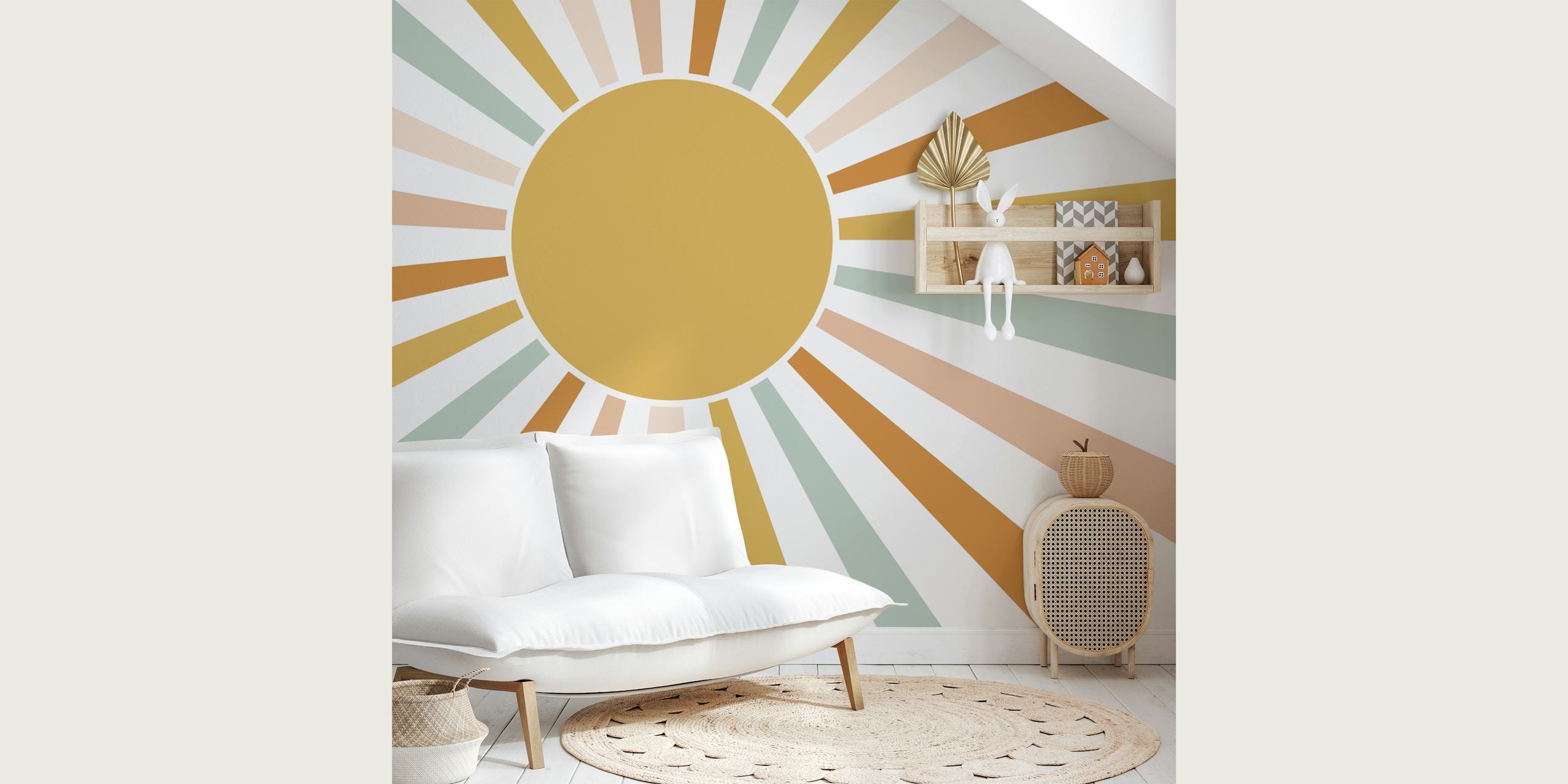 Boho Sun Gender Neutral vægmaleri med pastel sunburst mønster