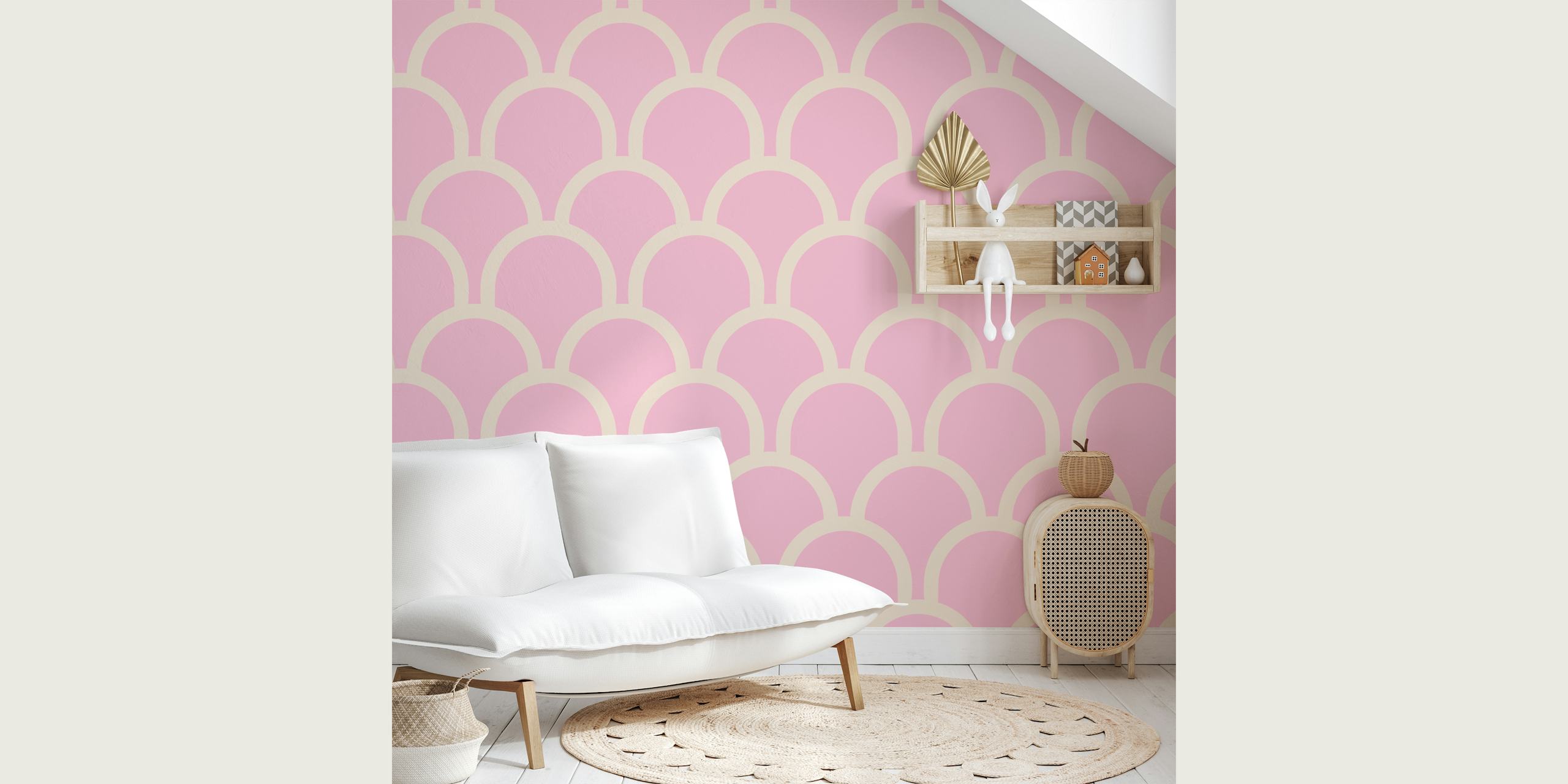 Pink scallop pattern wallpaper with cream curves