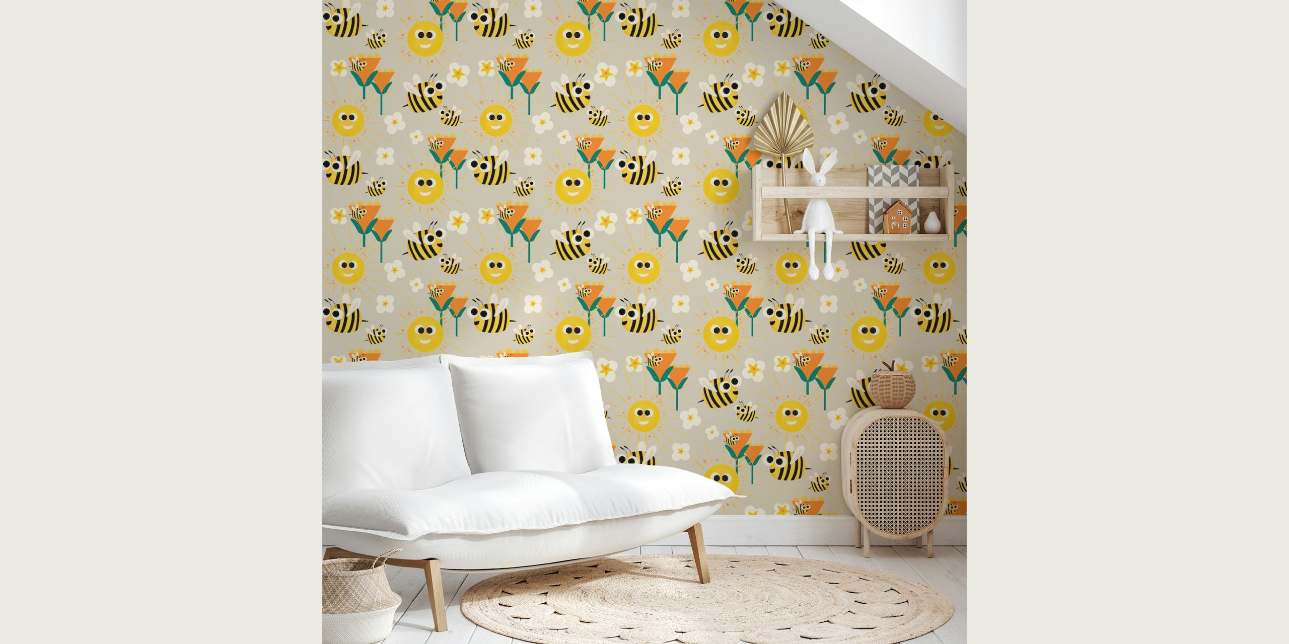 Wallpaper featuring bees and flowers pattern