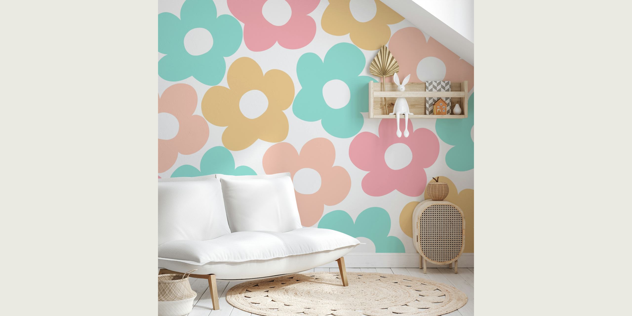 Colorful floral pattern in pastel pink, blue, and yellow wallpaper