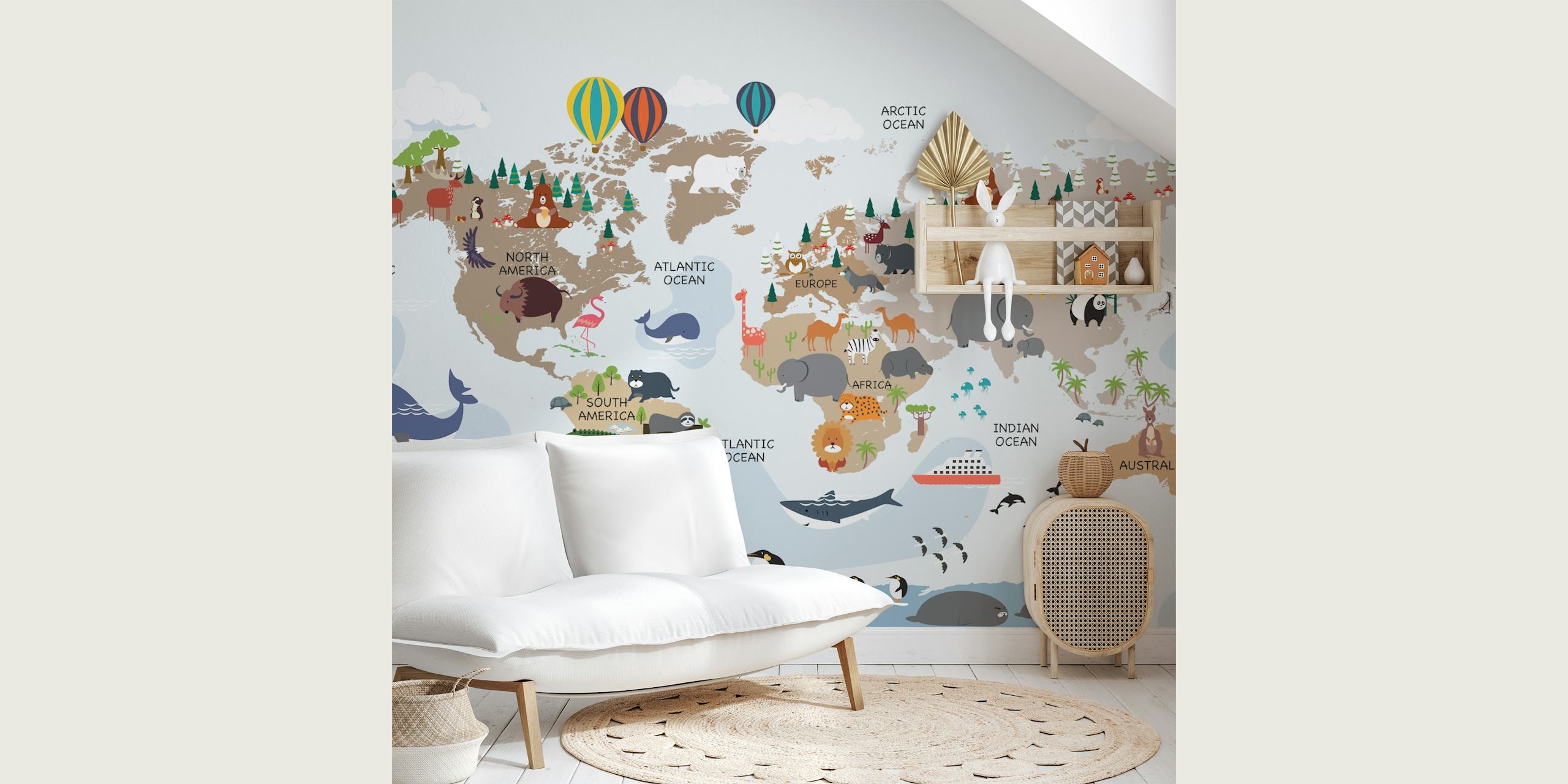 Mural colorido e educativo para crianças Mapa do mundo com animais de desenho animado e pontos de referência