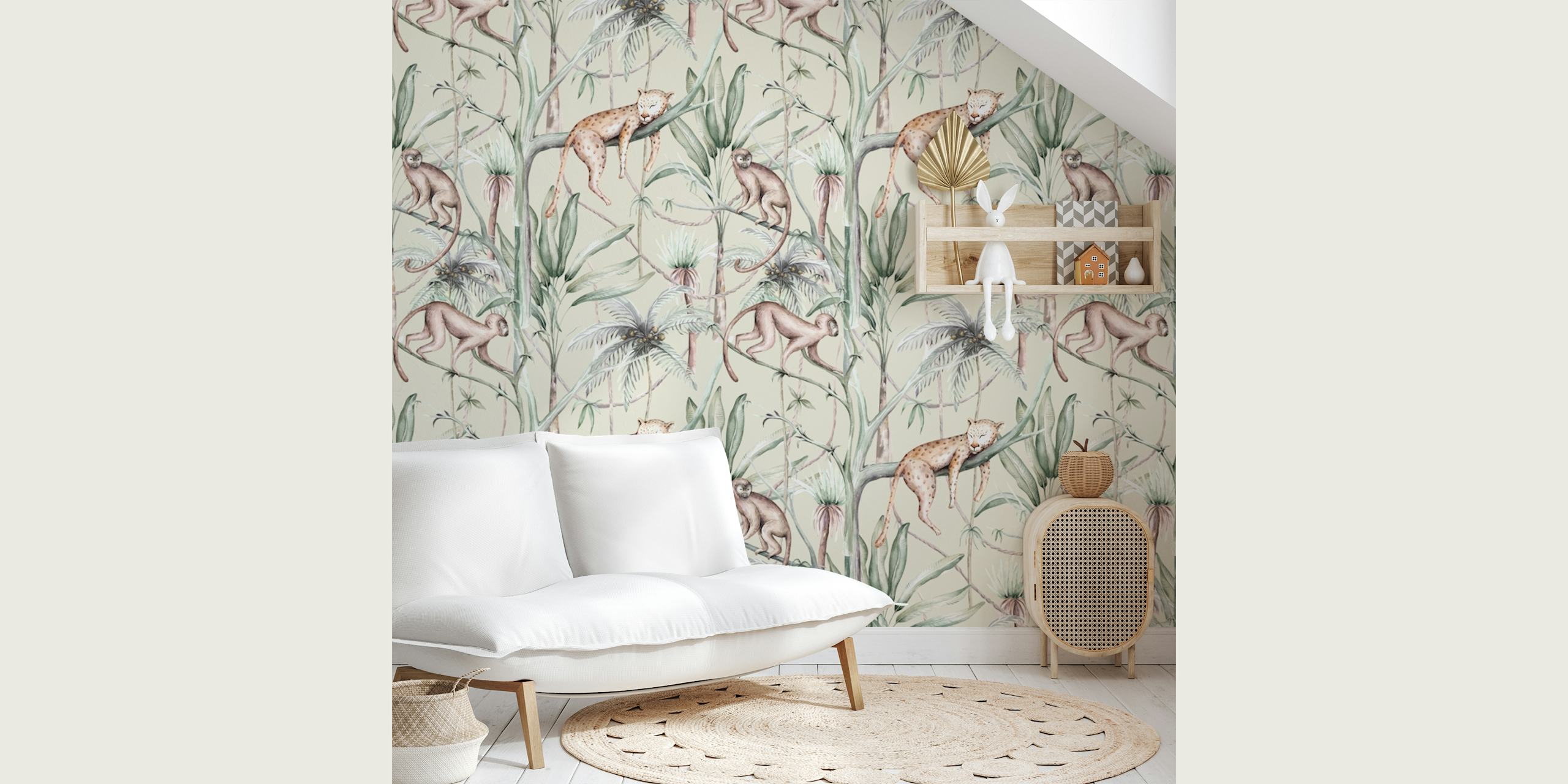 Exotic jungle wallpaper featuring monkeys and leopards