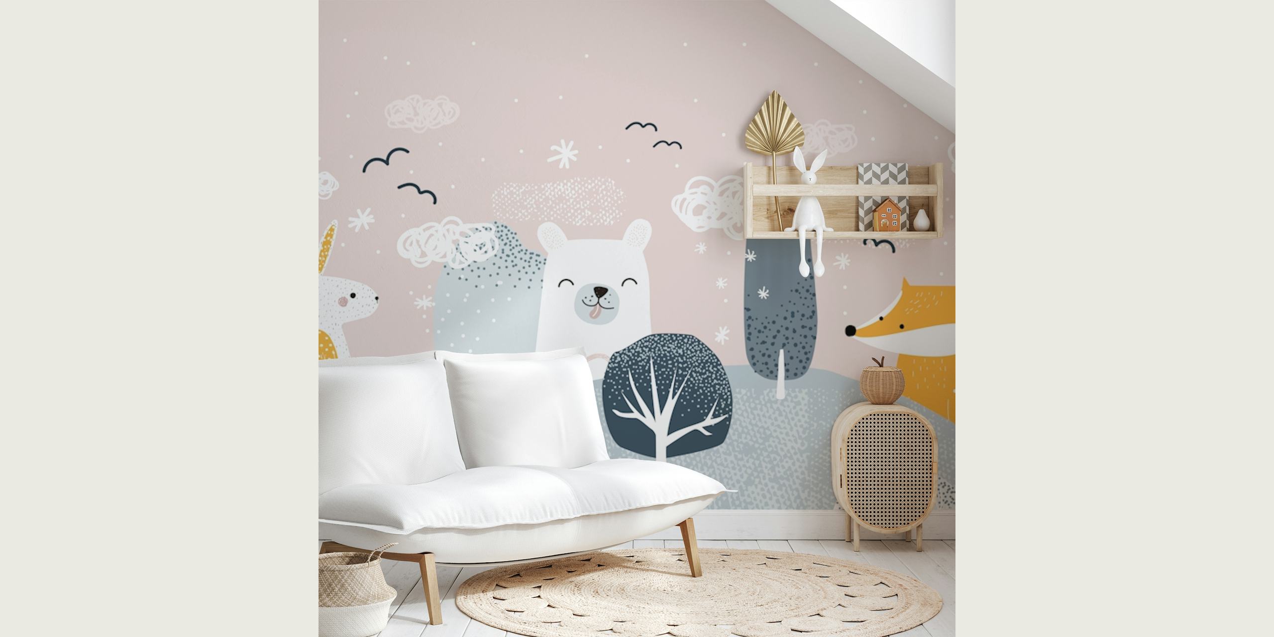 Winter forest animals wallpaper in a room