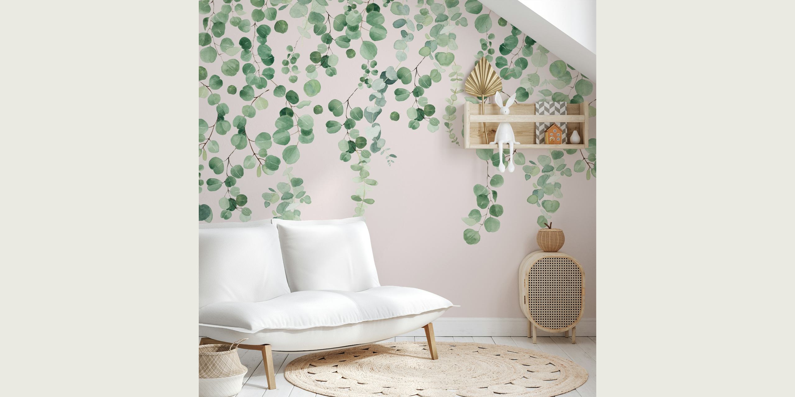 Eucalyptus leaves in green on a pink background botanical wallpaper