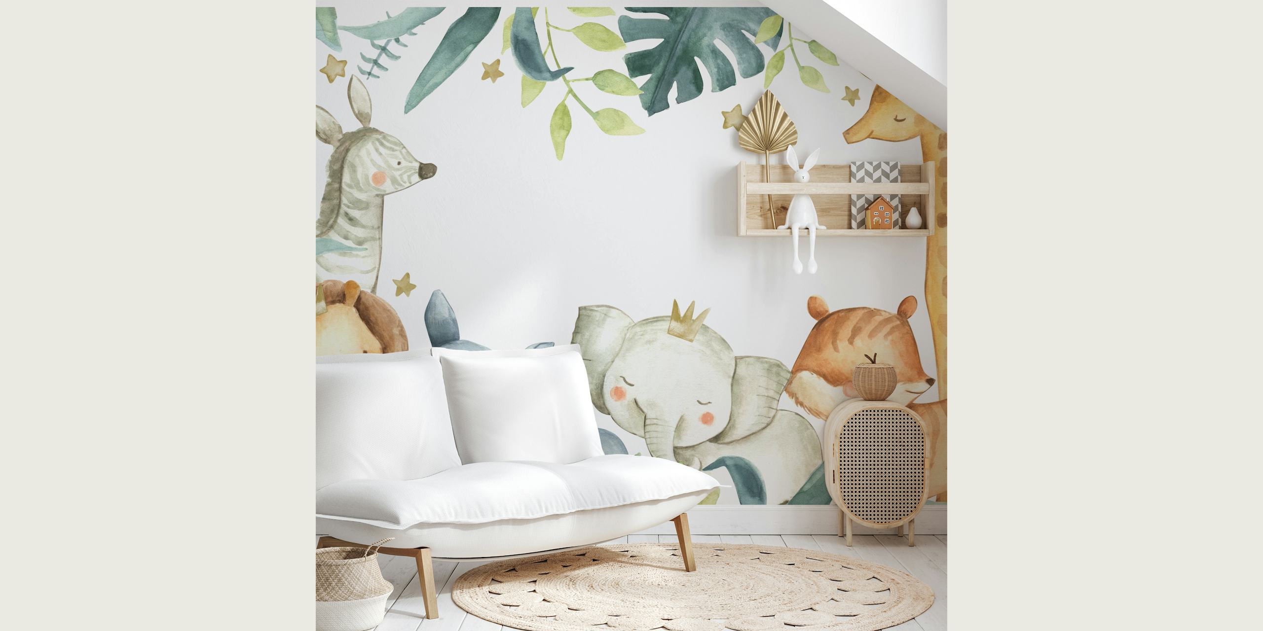 Carta da parati Safari Friends con animali giocosi e foglie tropicali