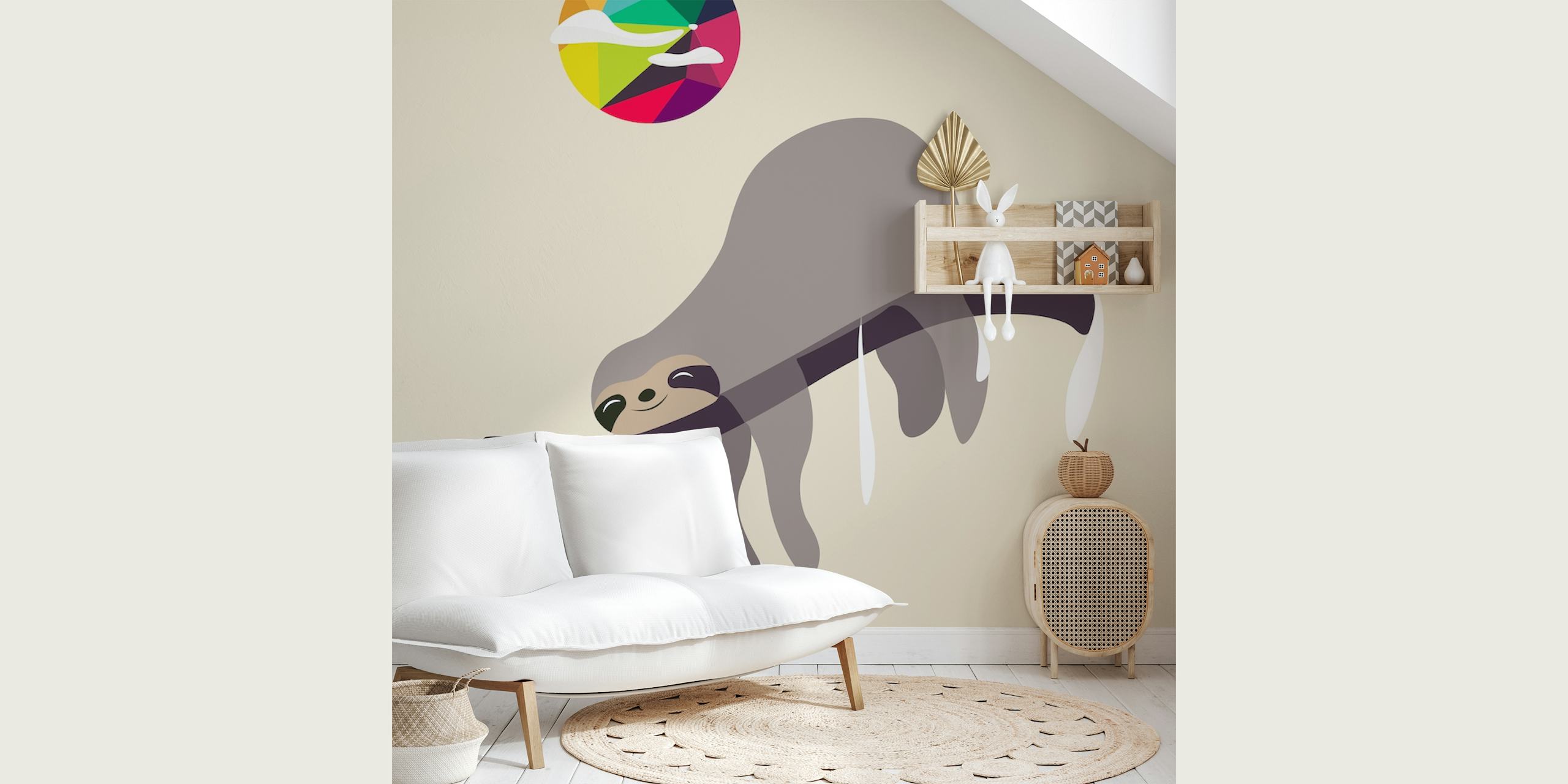 Cartoon sloth hanging on branch with colorful round sun wallpaper