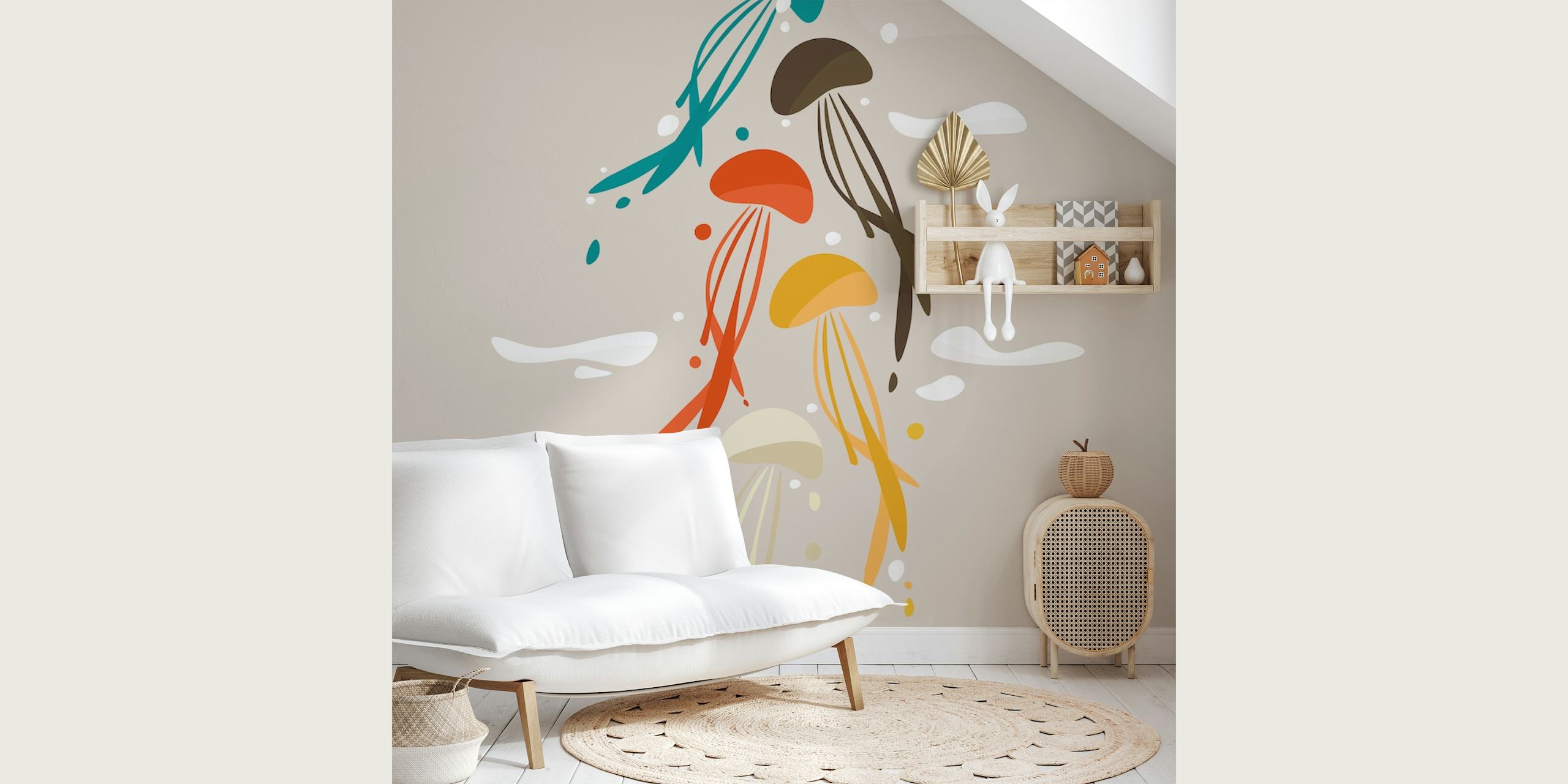 Colorful jellyfish in various shades floating against a beige background wallpaper
