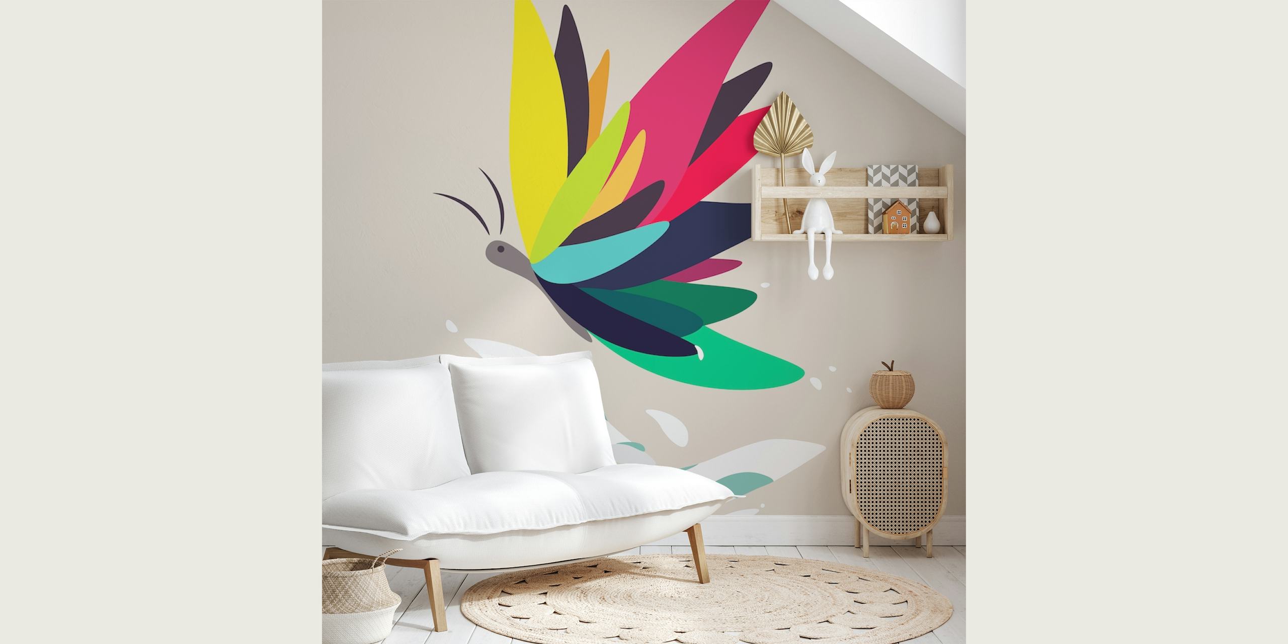 Fotomural de mariposas estilizadas de colores sobre un fondo beige