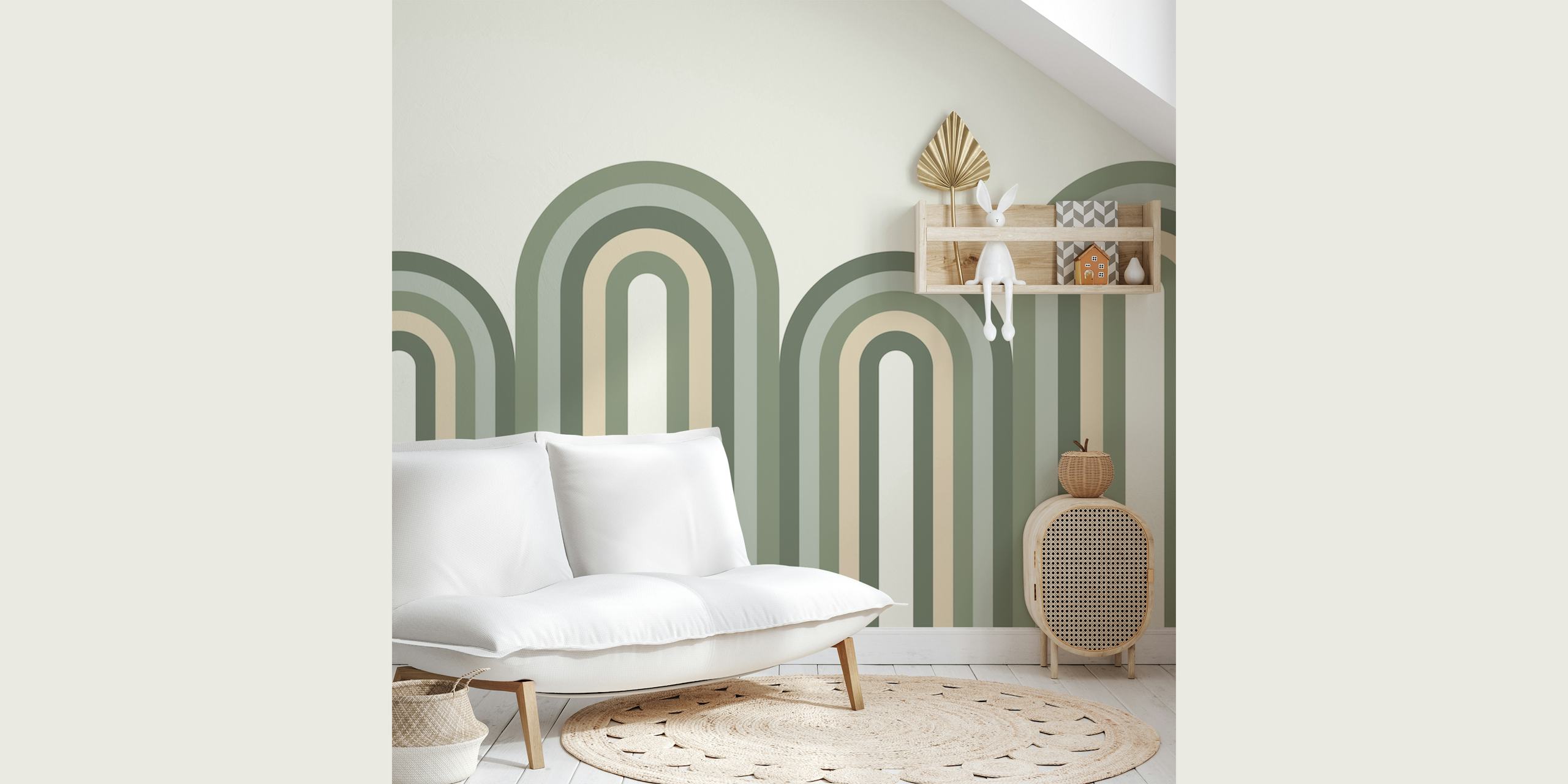 Sage Green Boho Rainbow wallpaper in a room