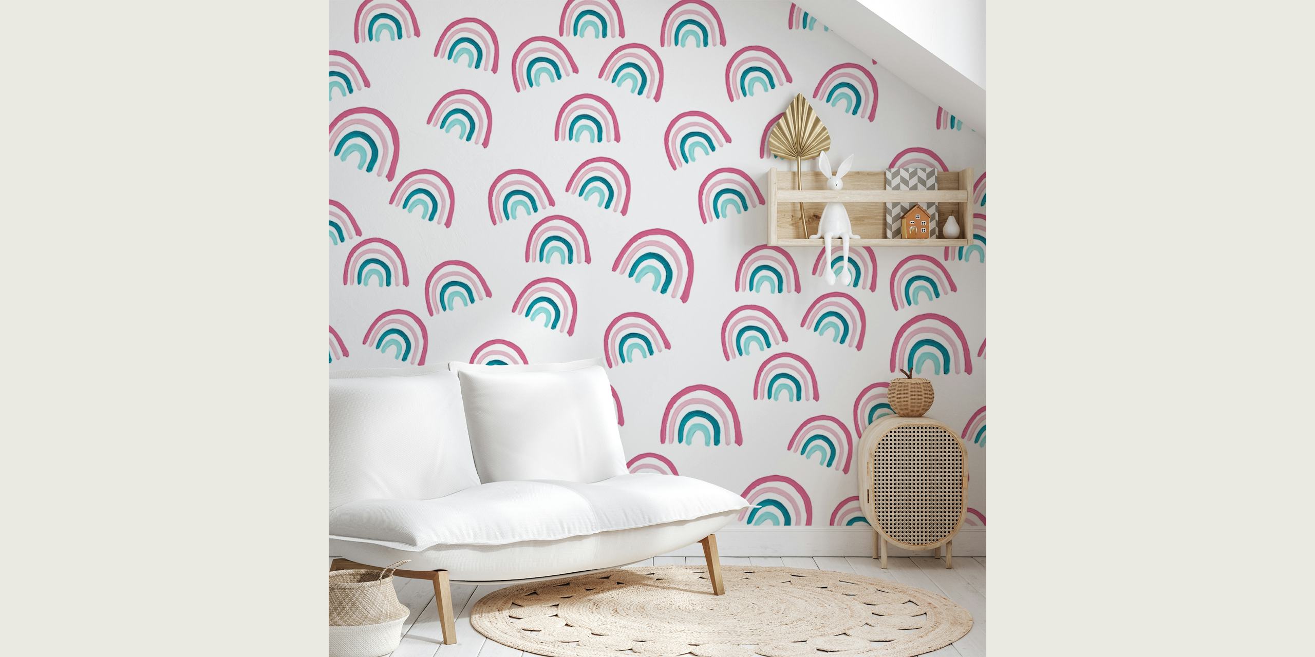 Pastellfarbenes Regenbogenmuster-Wandbild mit sanften Rosa- und Blaugrüntönen auf weißem Hintergrund