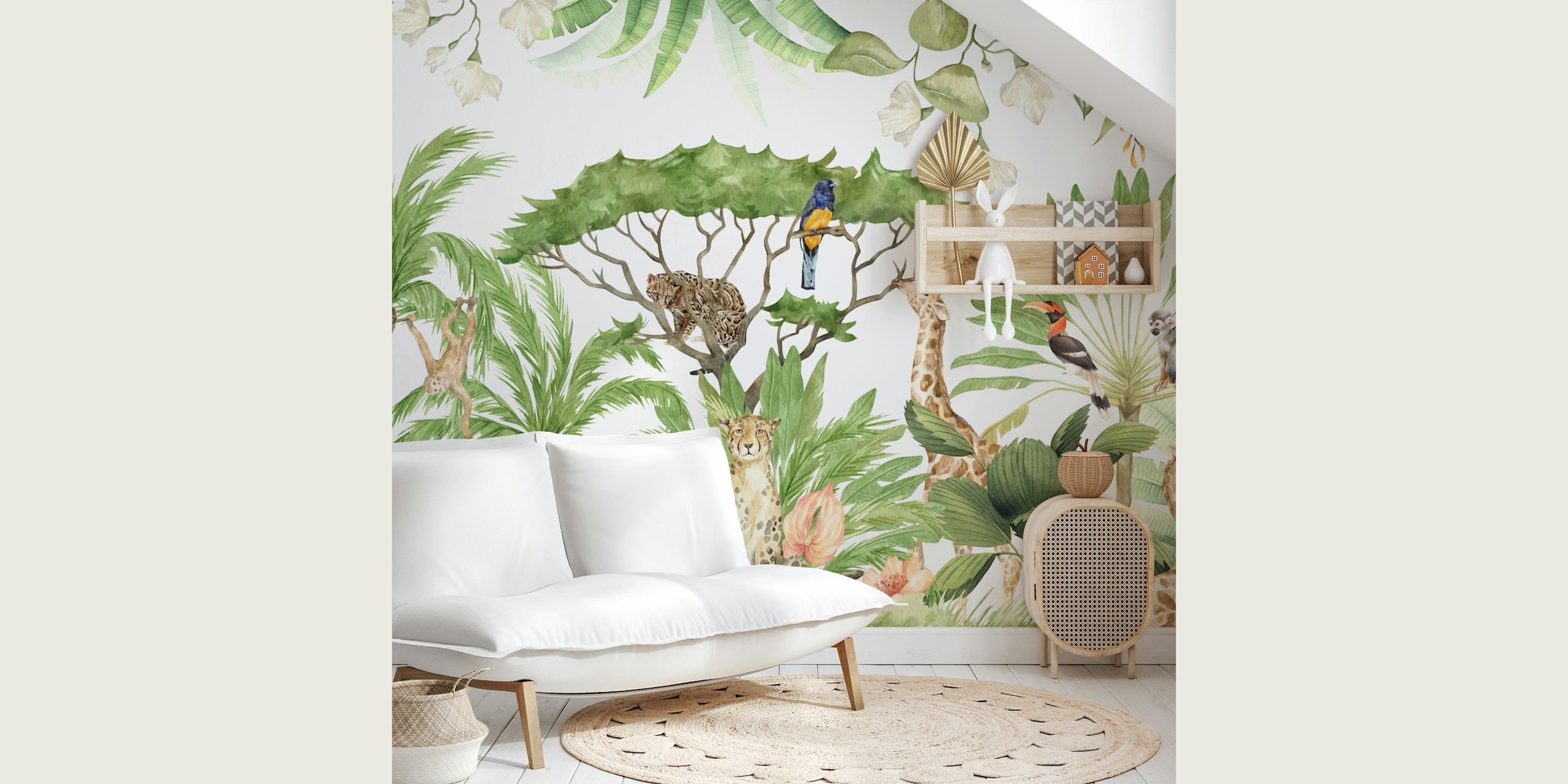 Tropical jungle wallpaper with elephants, tigers, giraffes, and lush green plants