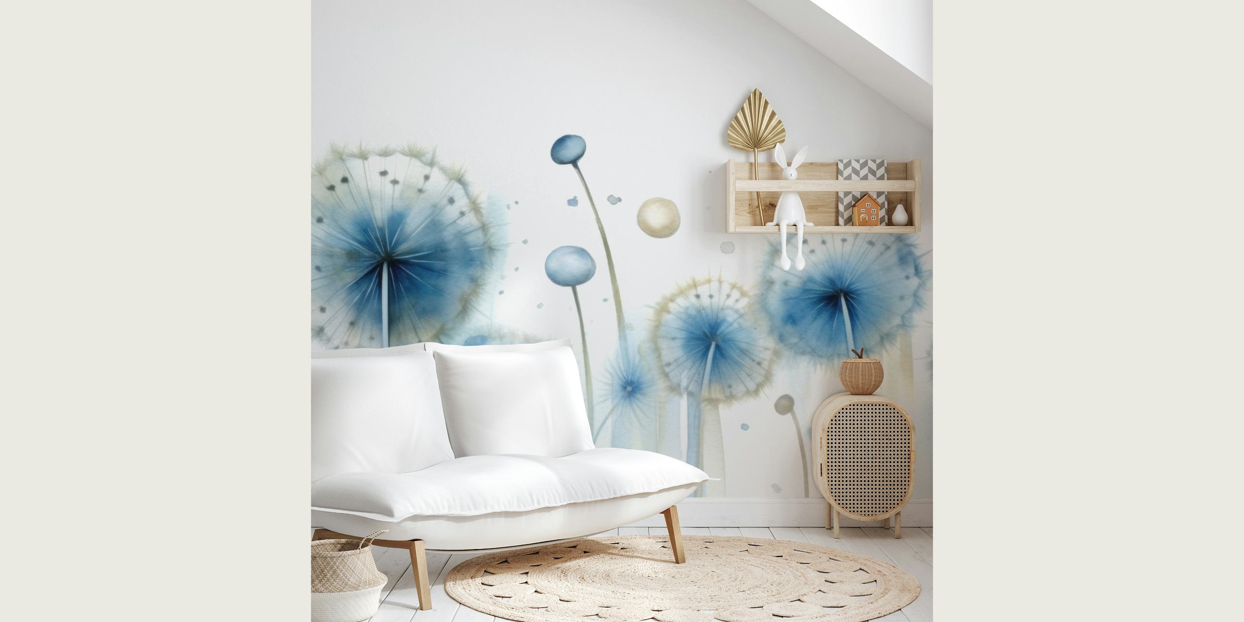 Child-friendly dandelion wall mural with blue and white tones