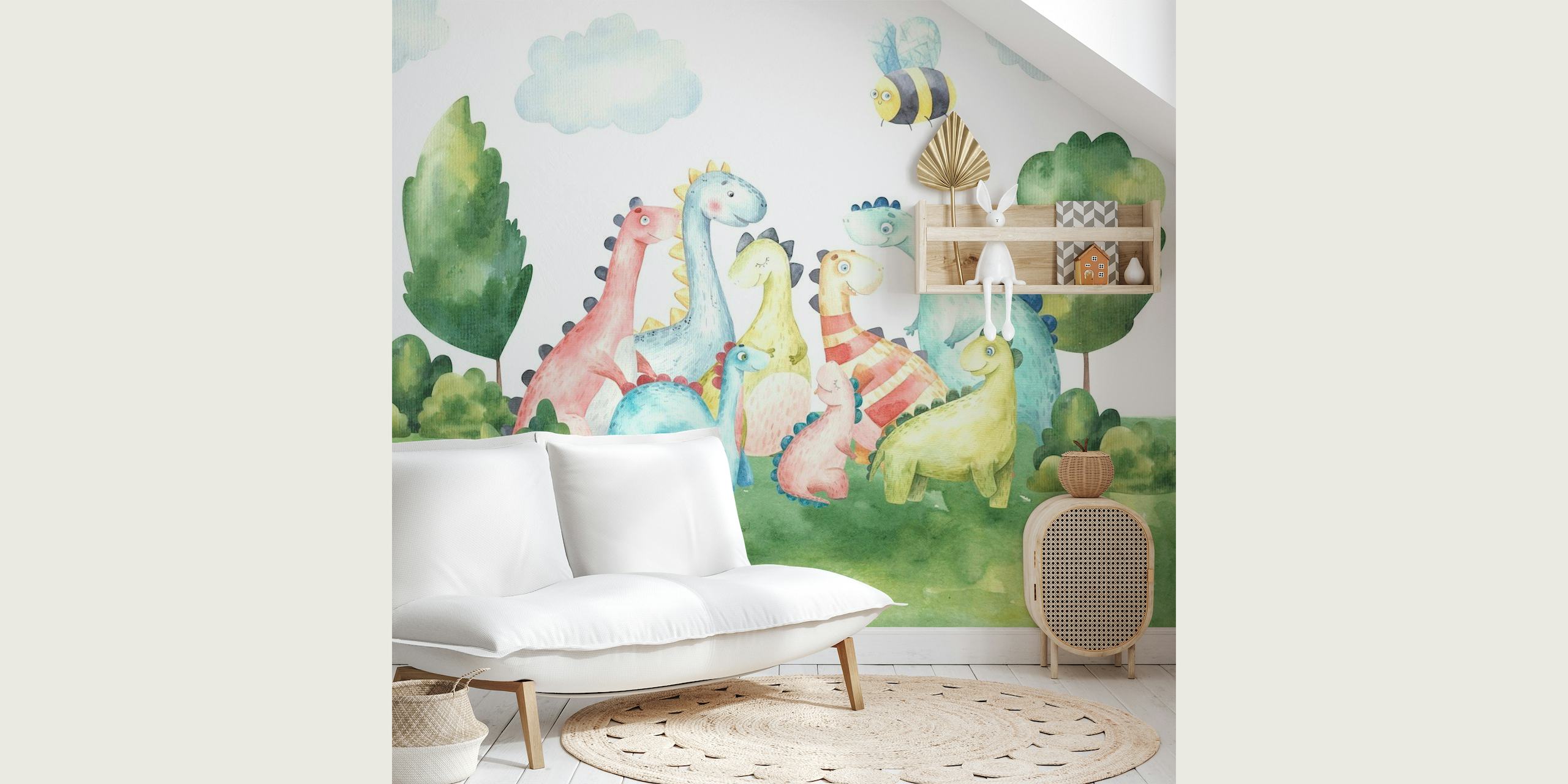 Watercolor wall mural of a dinosaur family in a pastel landscape