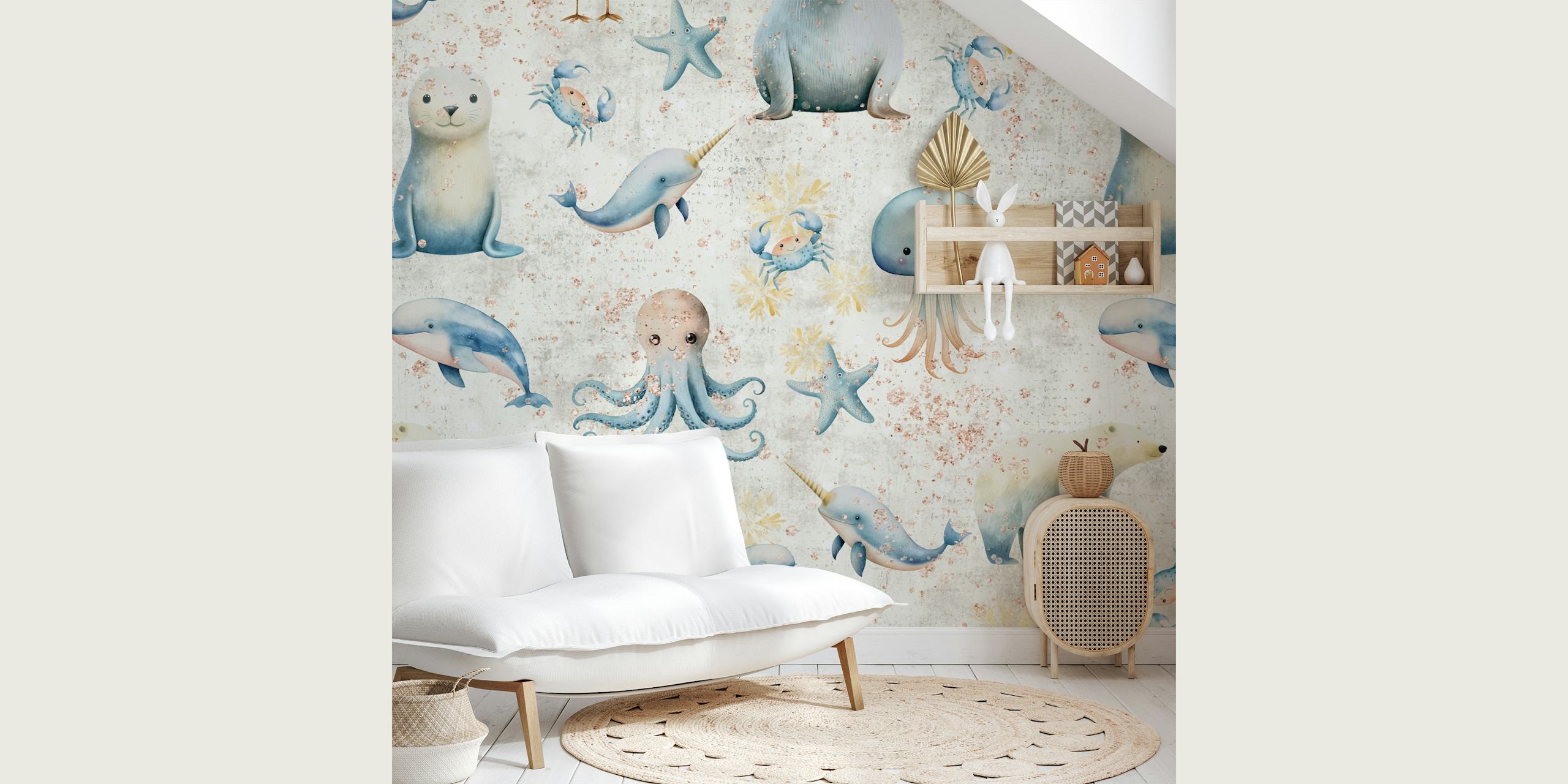 Arctic animals including seals, whales, and jellyfish in soft pastel colors wallpaper