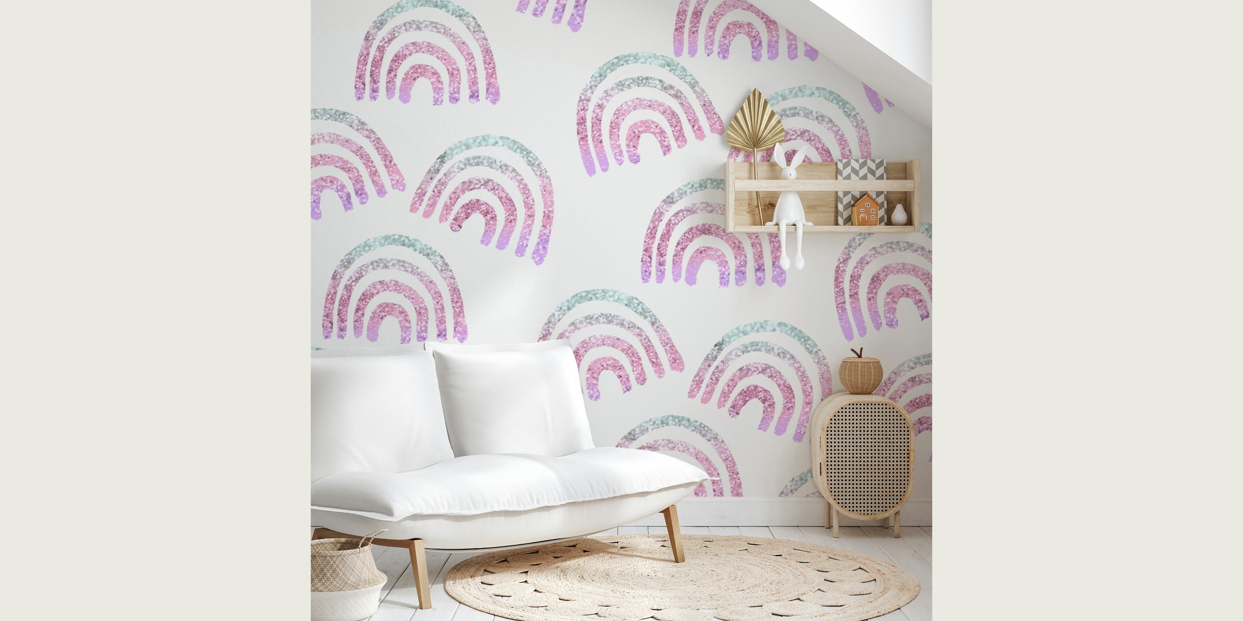 Multiple pink and blue glitter rainbows on a white background wallpaper