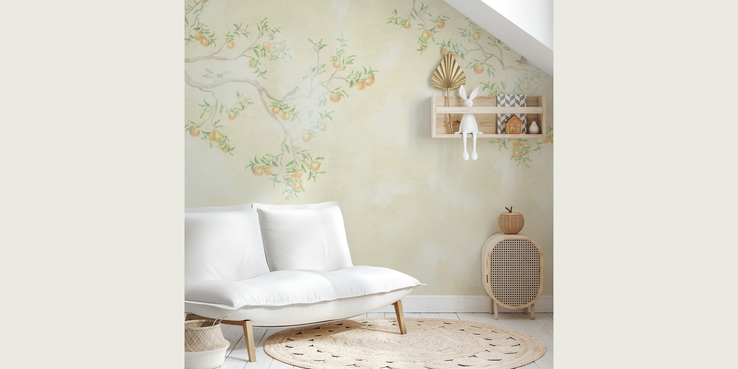 Pastel orange tree branches with foliage and oranges wallpaper