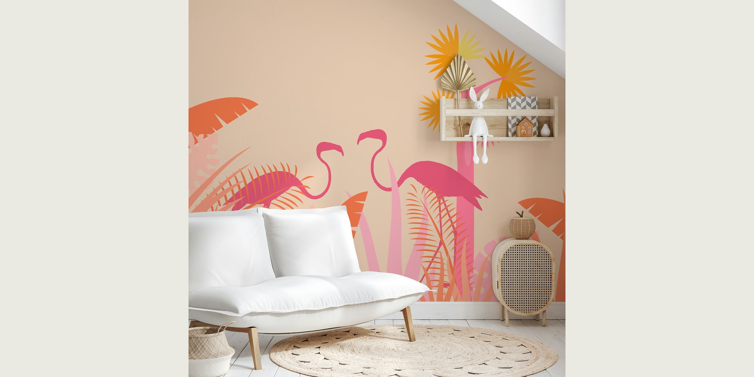 Flamingo Jungle Summer Vibe seinämaalaus, jossa vaaleanpunaisia flamingoja ja trooppista kasvistoa lämpimällä taustalla