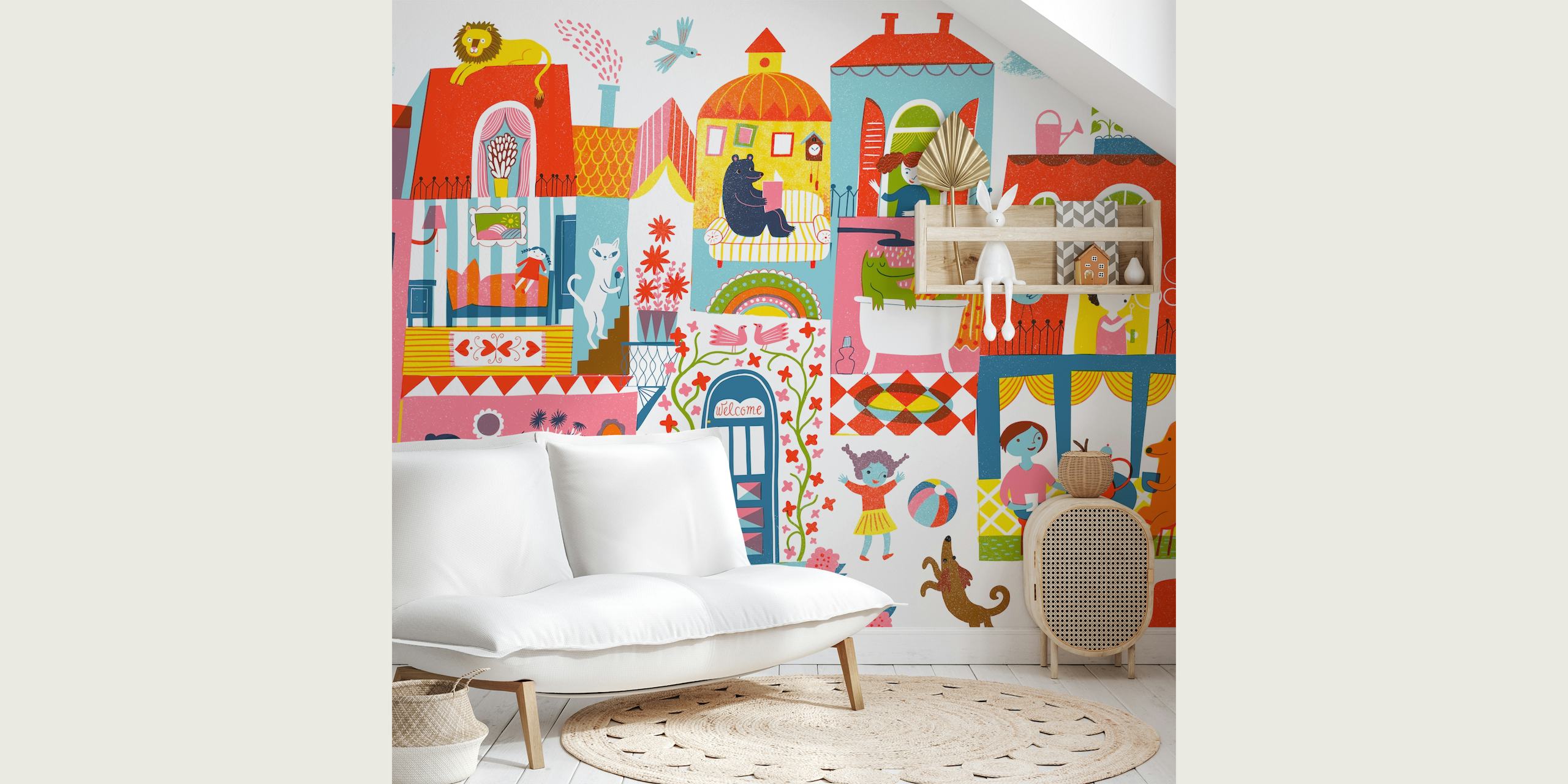 Speelse huisjes met dieren en mensen, kleurrijk en vrolijk design wallpaper