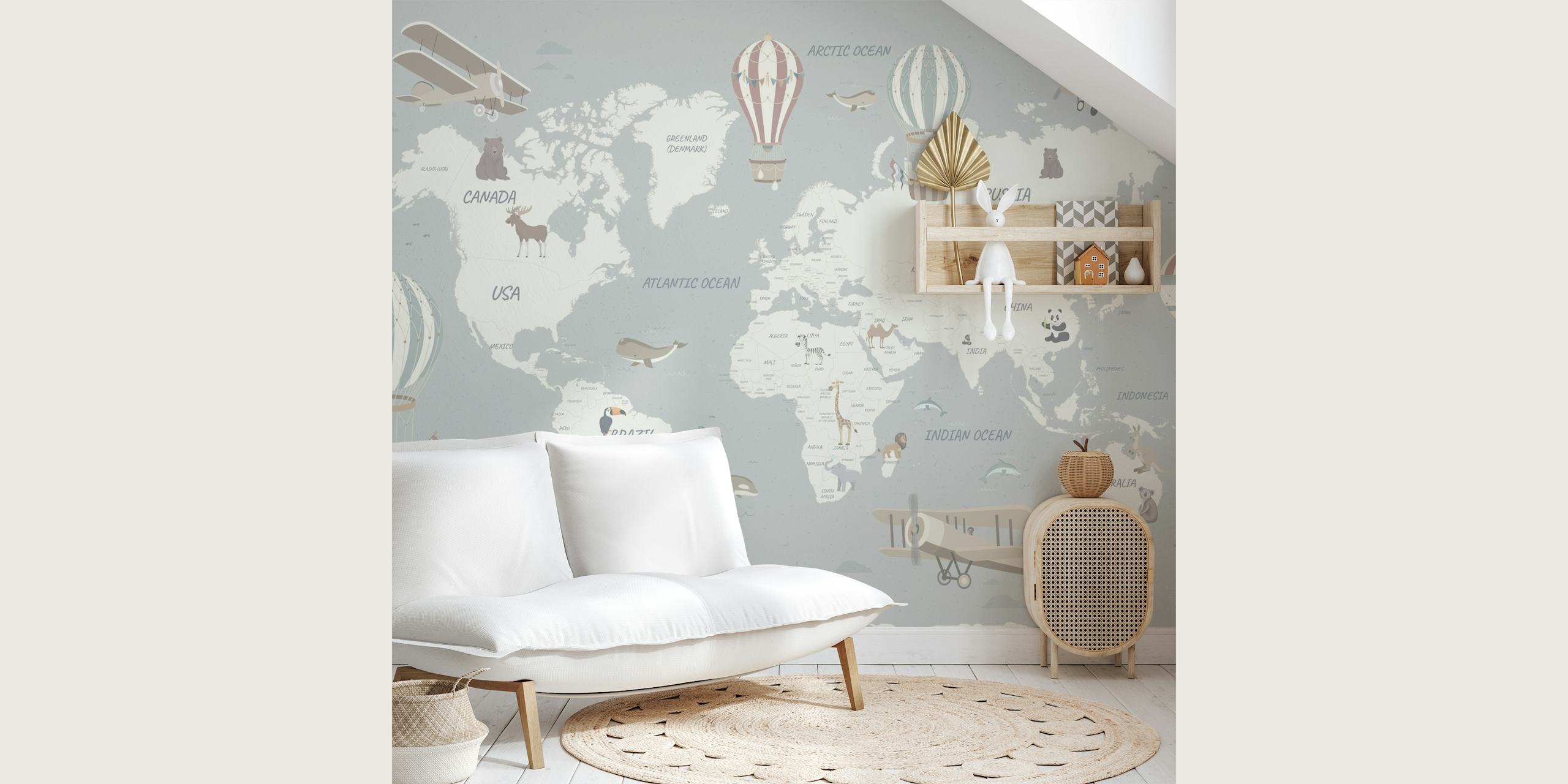 Papel de parede mapa de viagem azul claro para o quarto das crianças