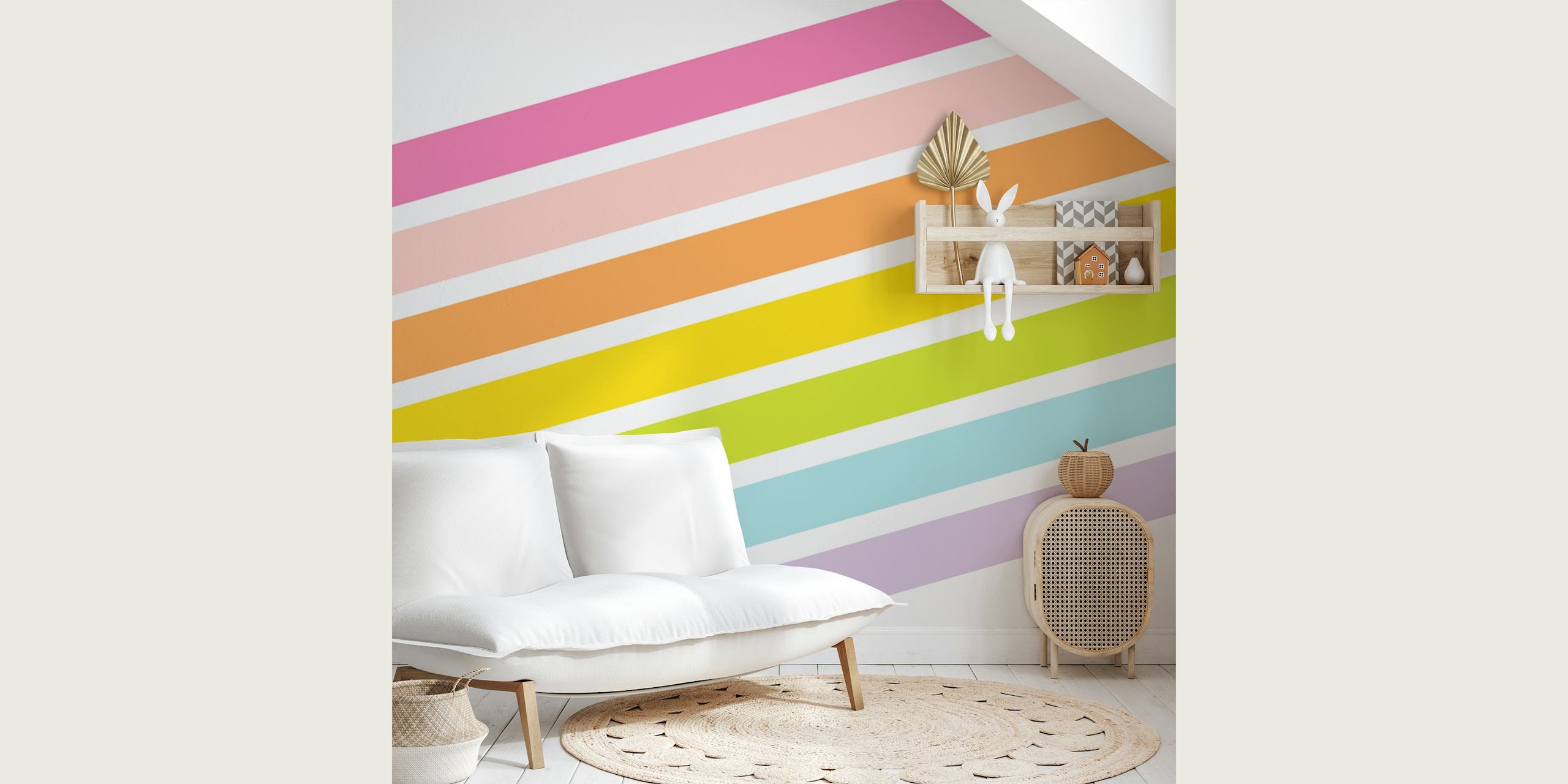 Carta da parati con vivaci e colorate strisce arcobaleno disposte in diagonale