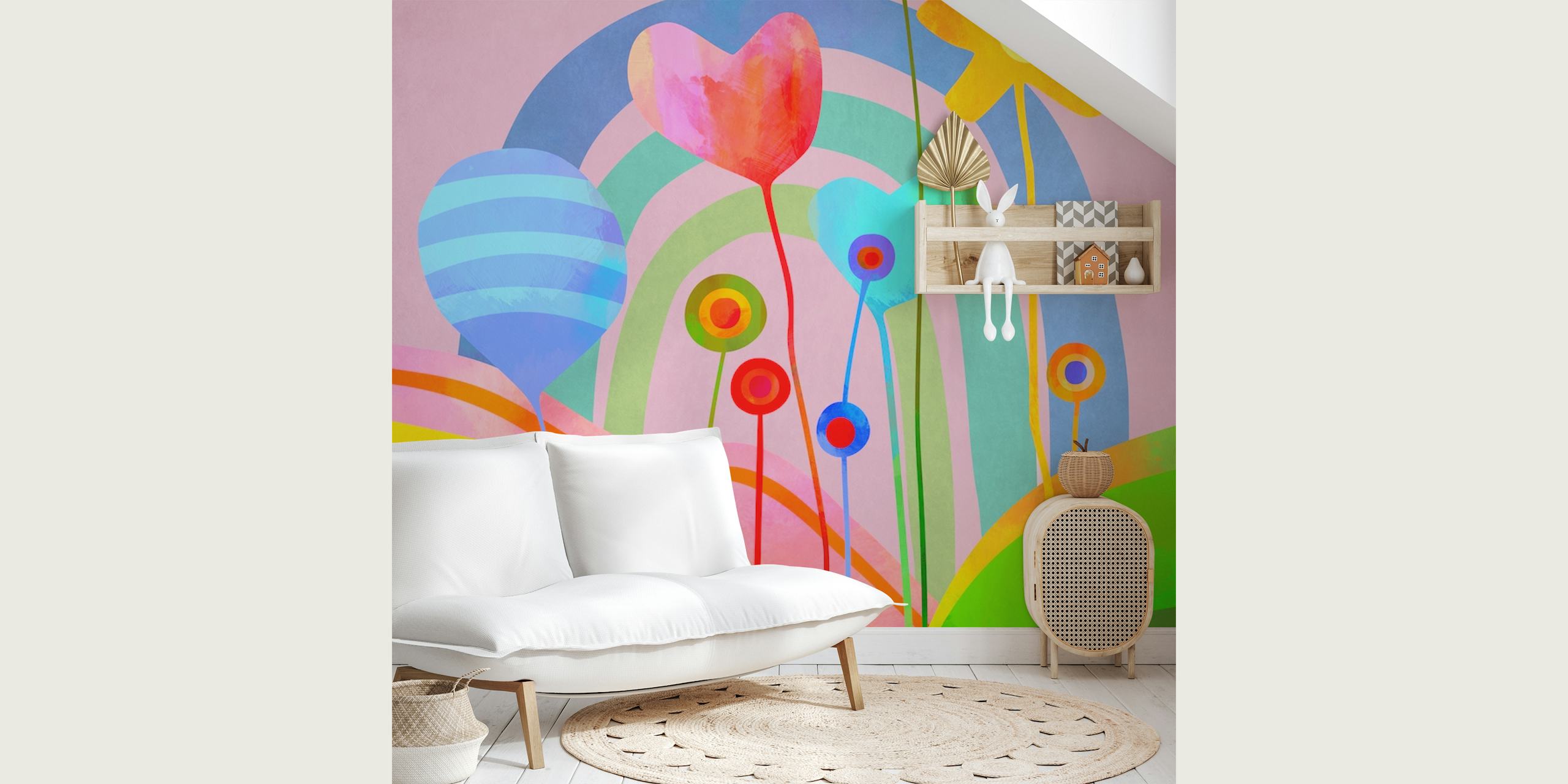 Hupaisa pastellinvärinen puutarhaseinämaalaus tyylitellyillä kukilla ja sateenkaarella