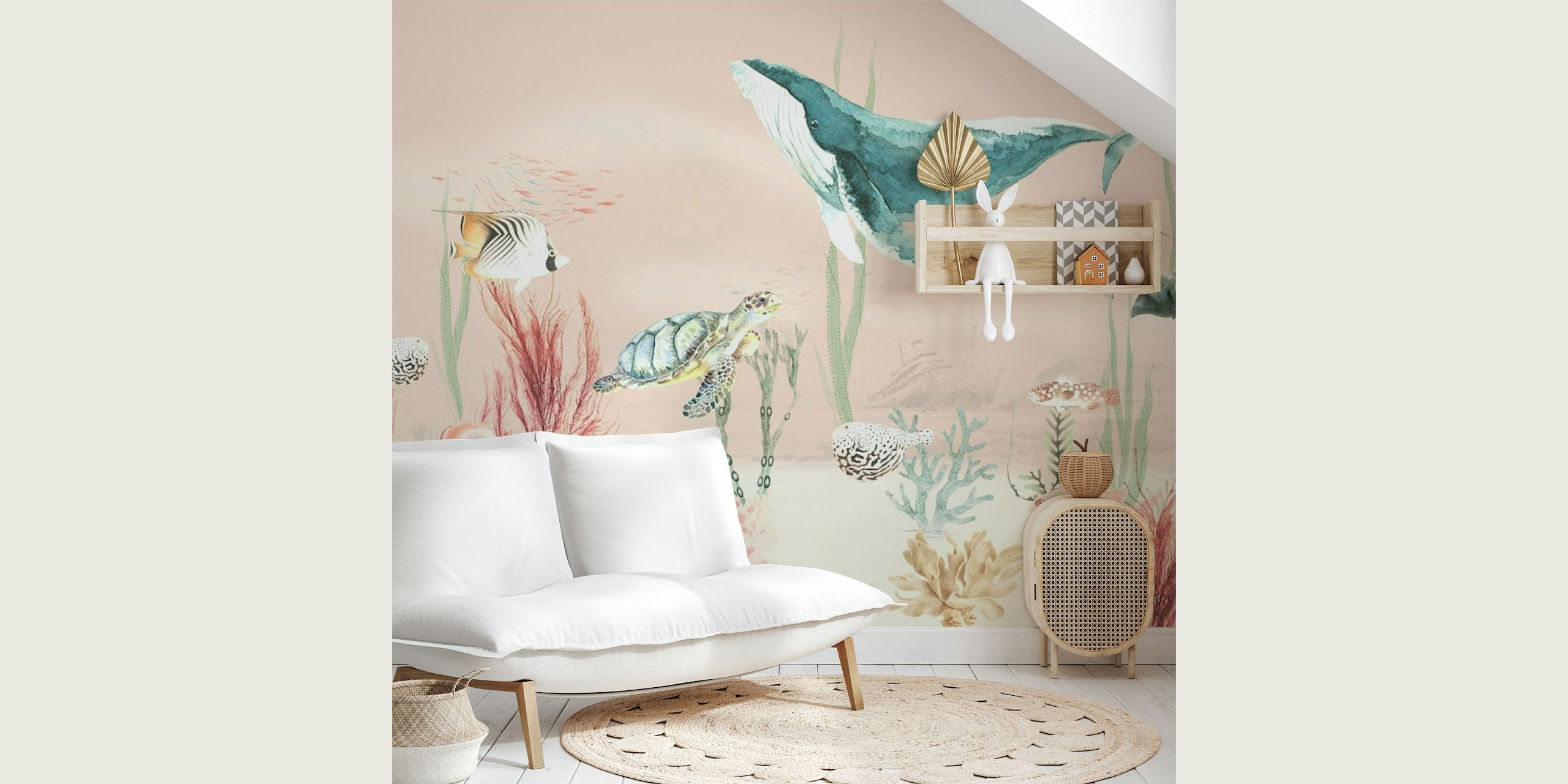 Whimsical sea turtle and stingray wall mural in blush pink and aqua blue tones