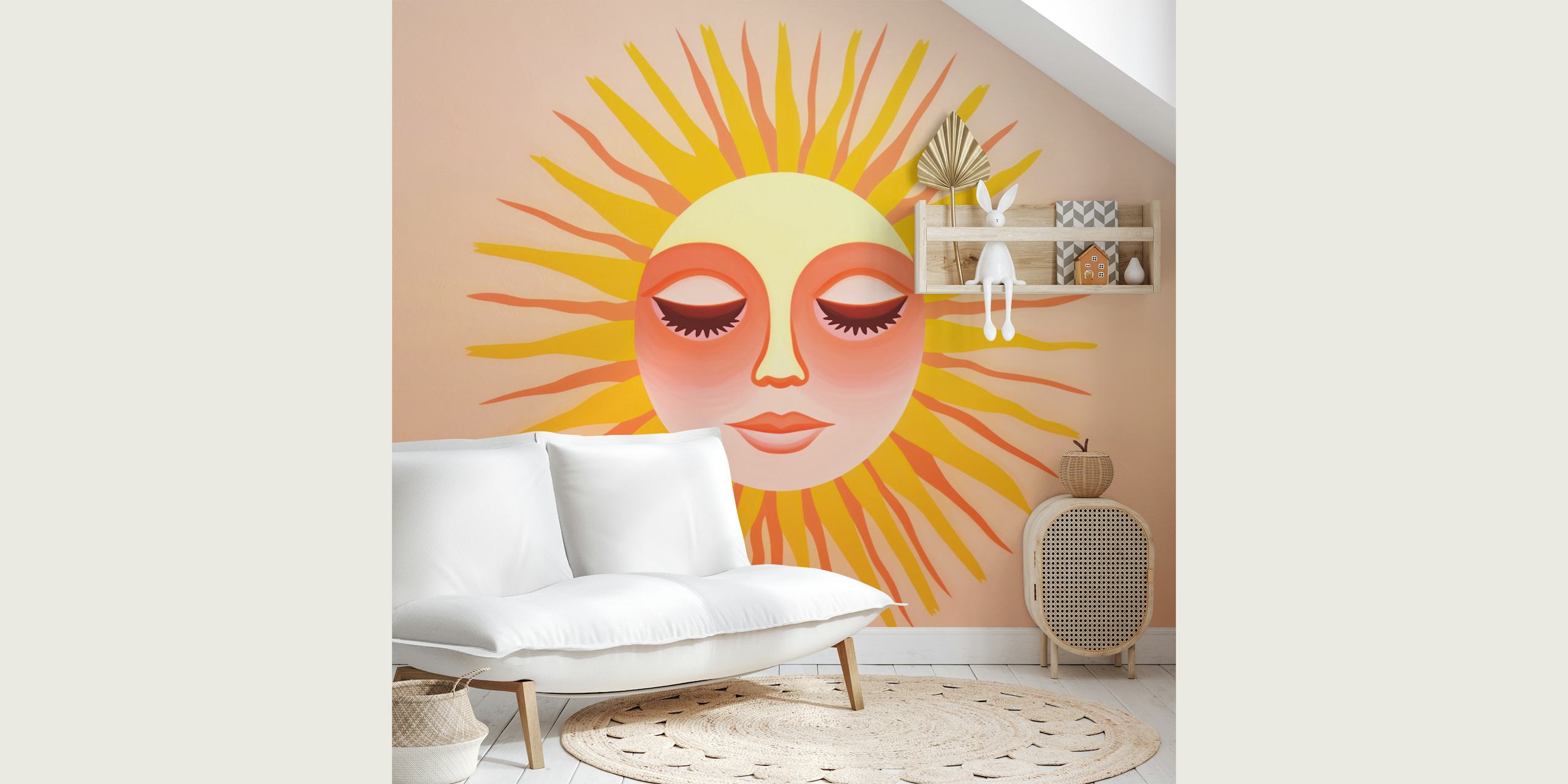 Whimsical sun face illustration in warm peach and yellow colors on pastel wallpaper
