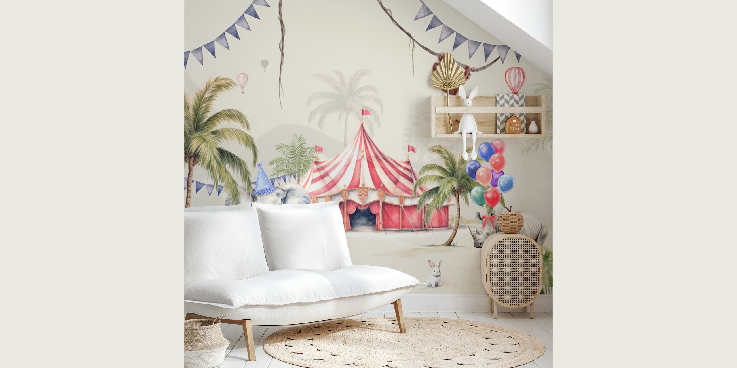 Väggmålning med karnevalstema med ett randigt tält, bunting, luftballonger och djur