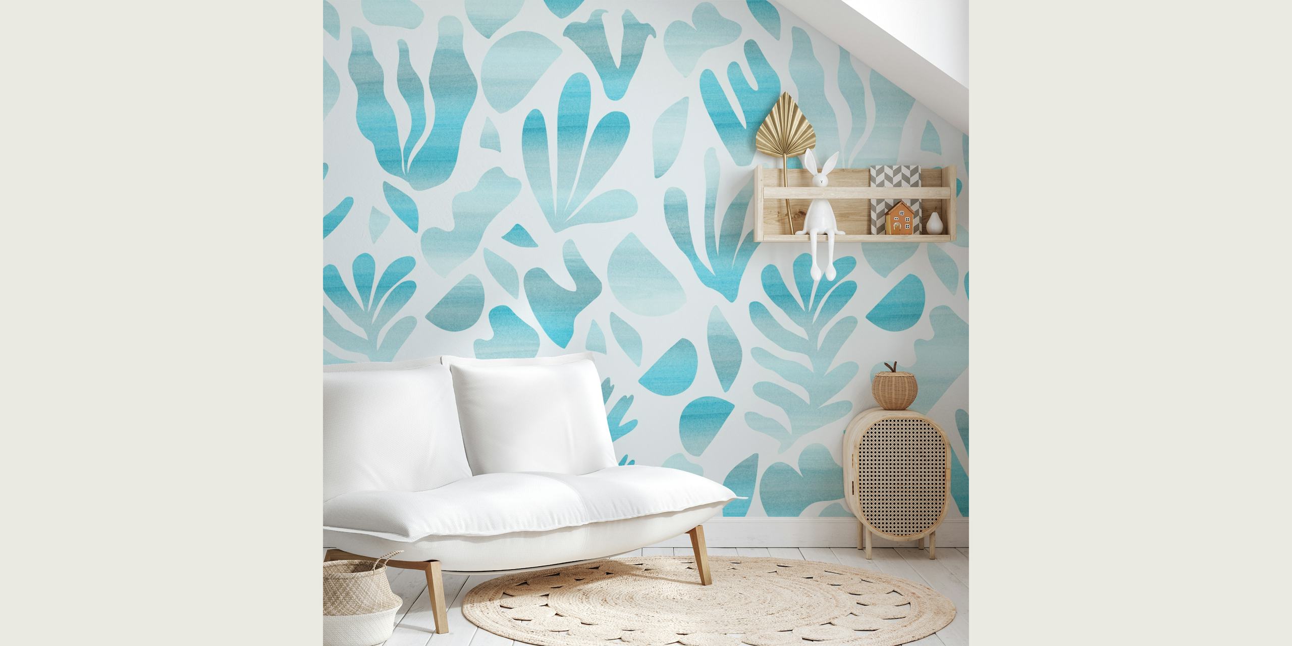 Abstract seagrass shapes in shades of blue and white wallpaper