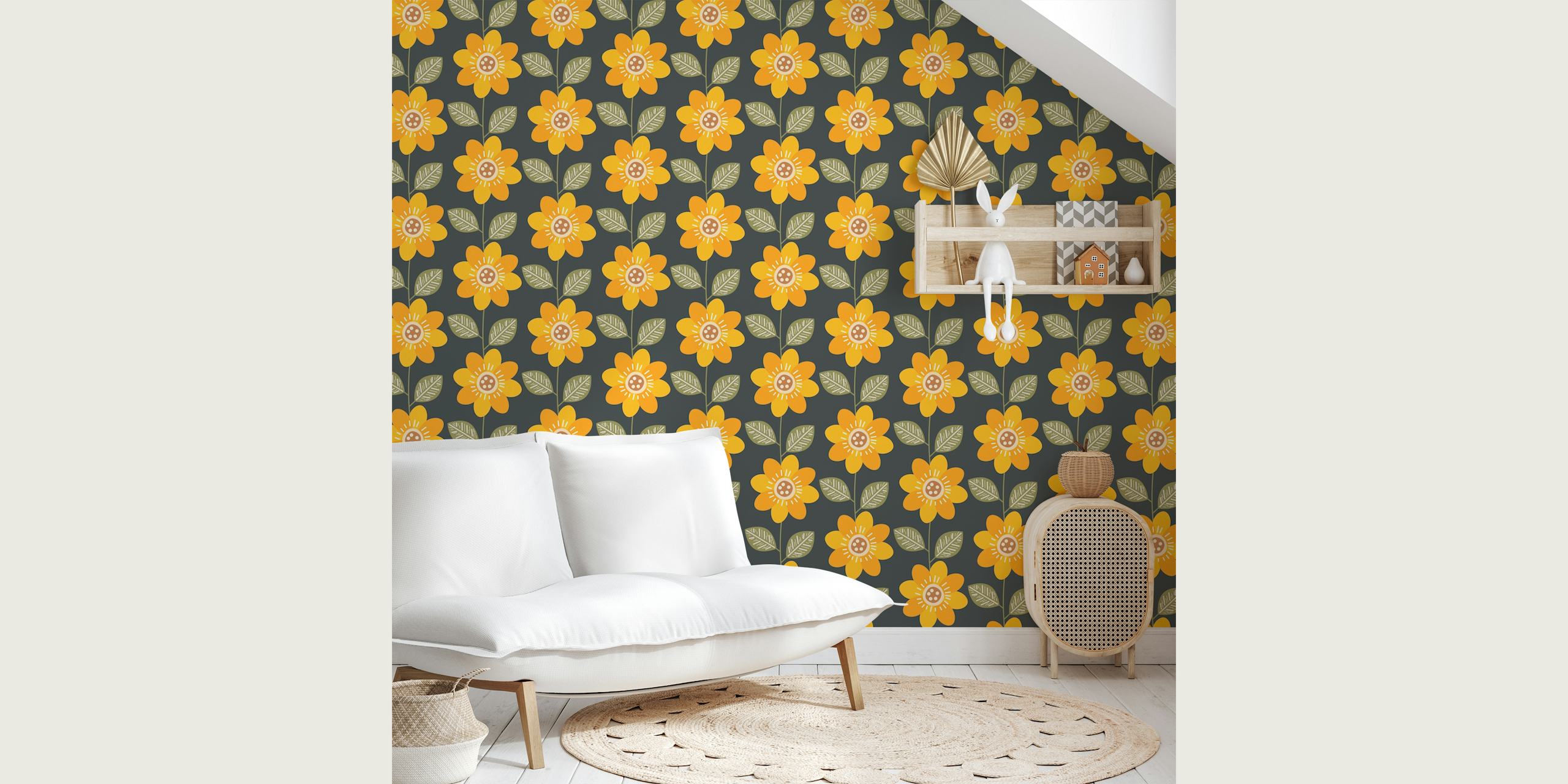 Sunflower pattern wallpaper in a room