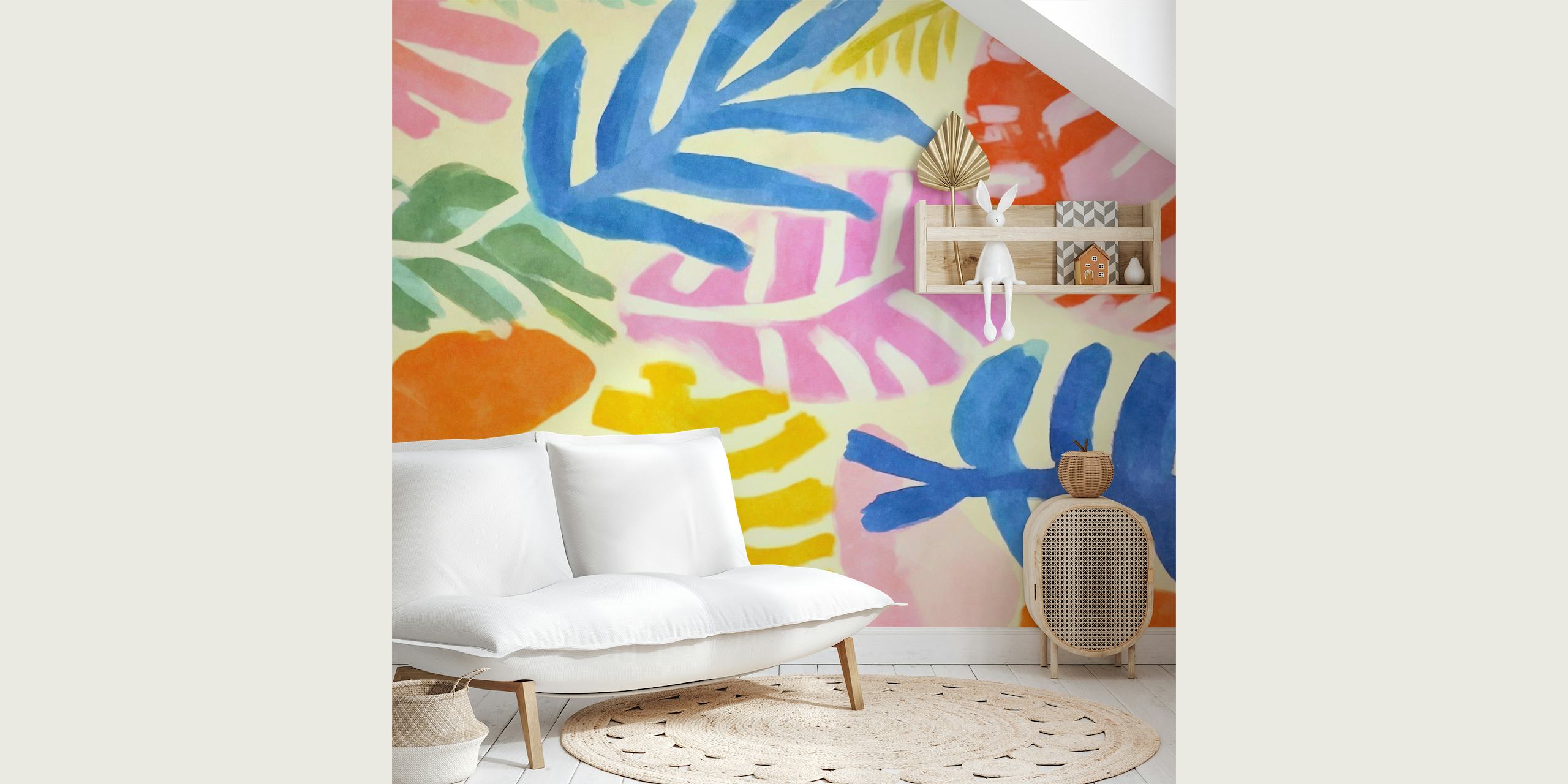 Farverigt abstrakt blomstret vægmaleri i stil med Henri Matisse, med legende udskårne designs