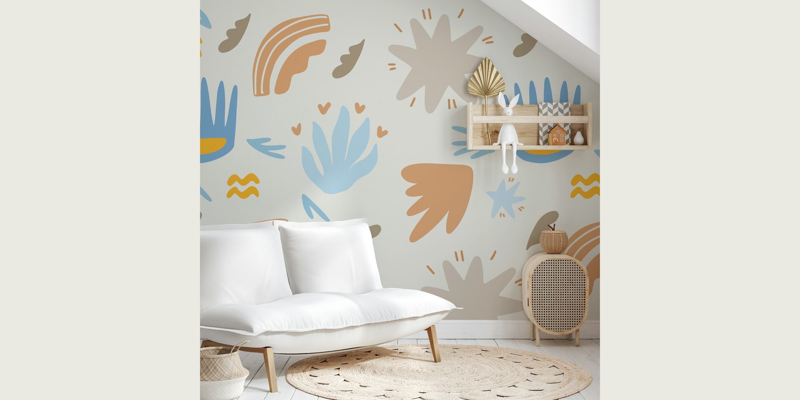 Happy Kids Wall Summer τοιχογραφία με αφηρημένες μορφές και τ whimsical σχέδια σε μπλε, ώχρα και τερακότα