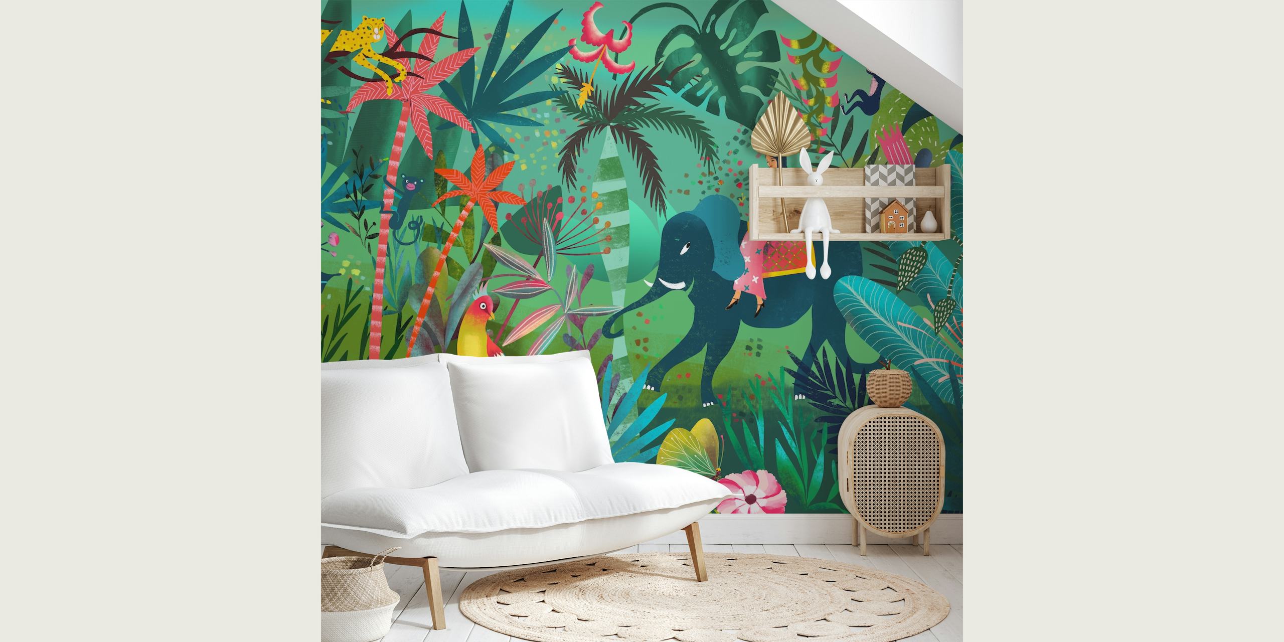 Jungle scene with elephant, colorful foliage and flowers wallpaper