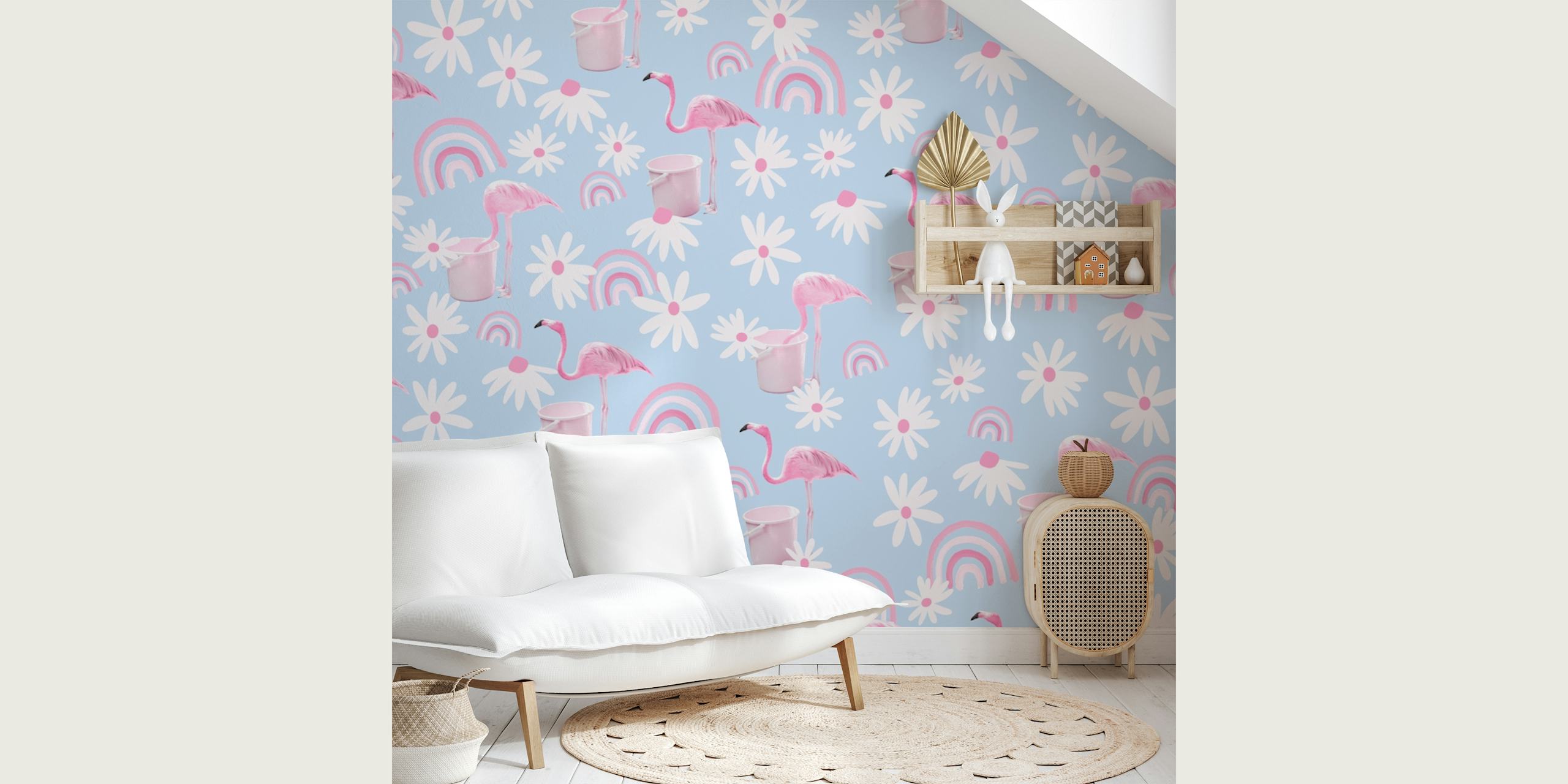 Pink flamingos, rainbow, and daisies on blue background wallpaper