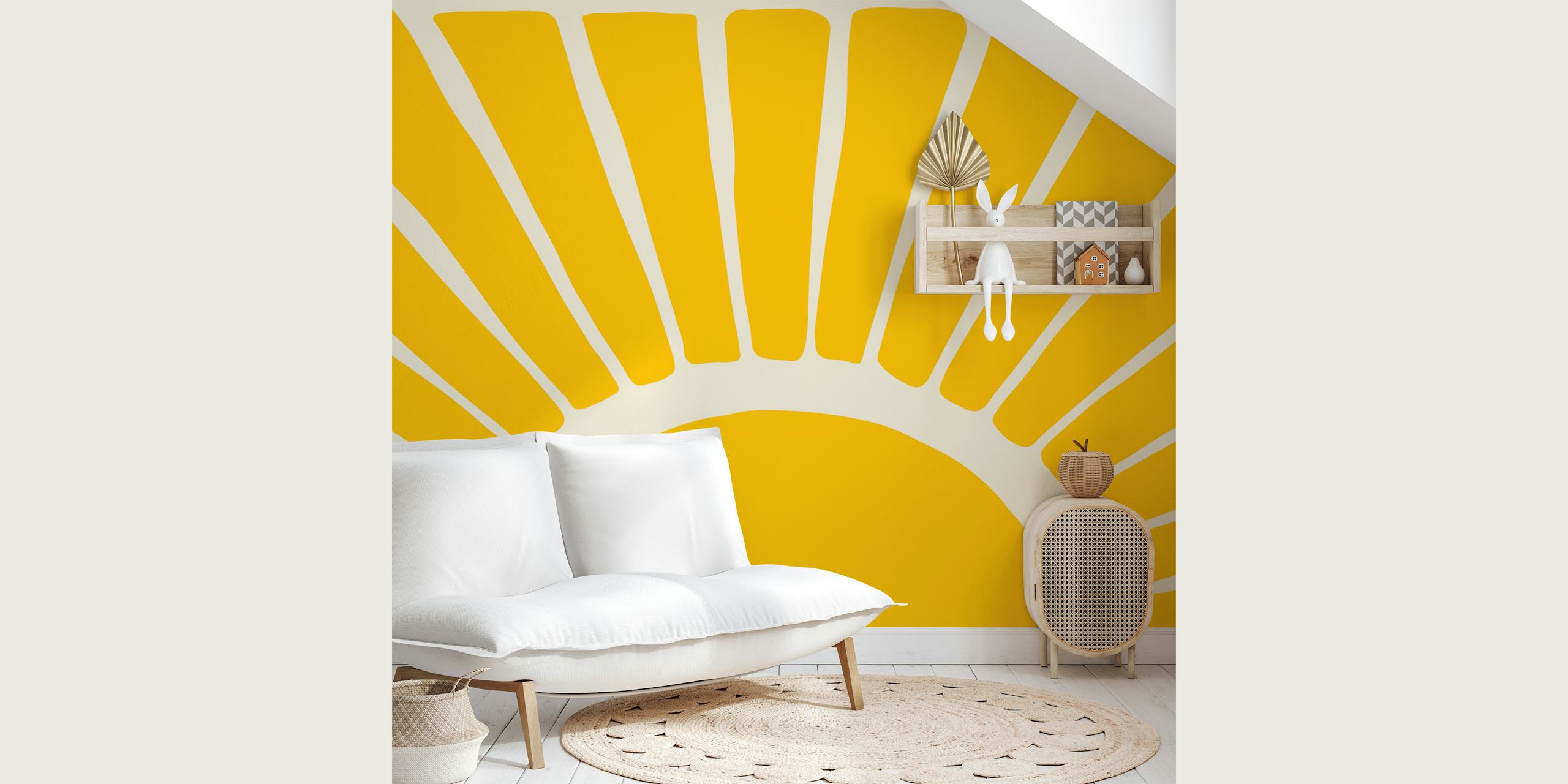Yellow striped sunburst wallpaper in a room