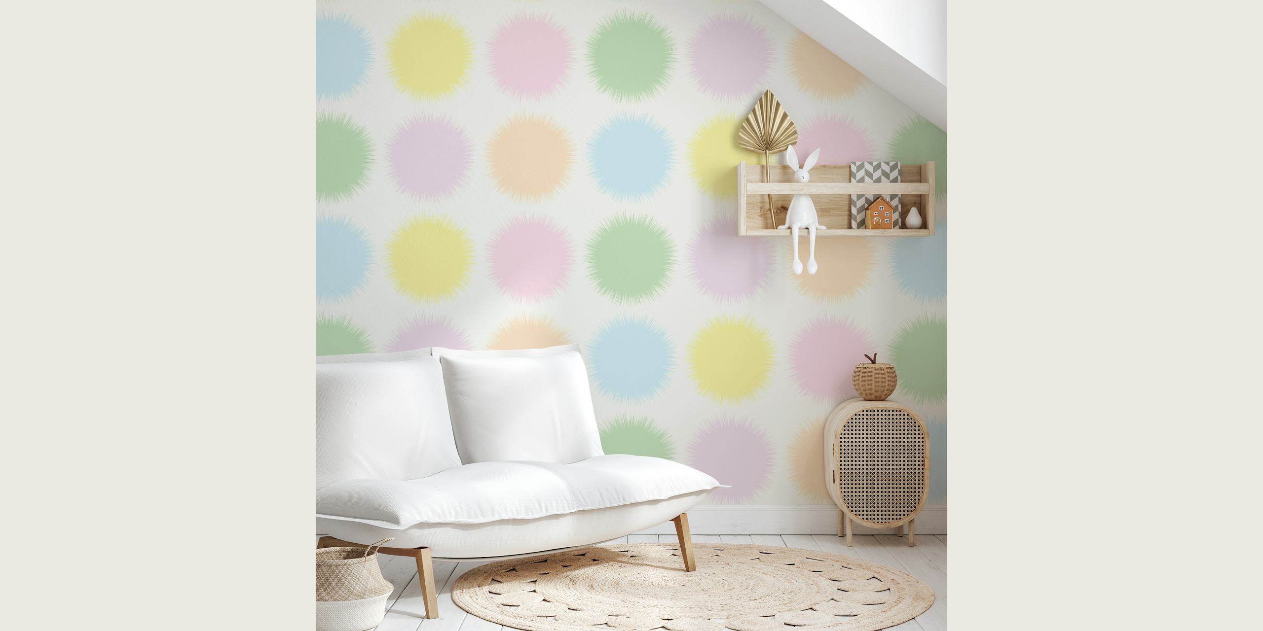 Pastel colored pompom dots on a white background wallpaper