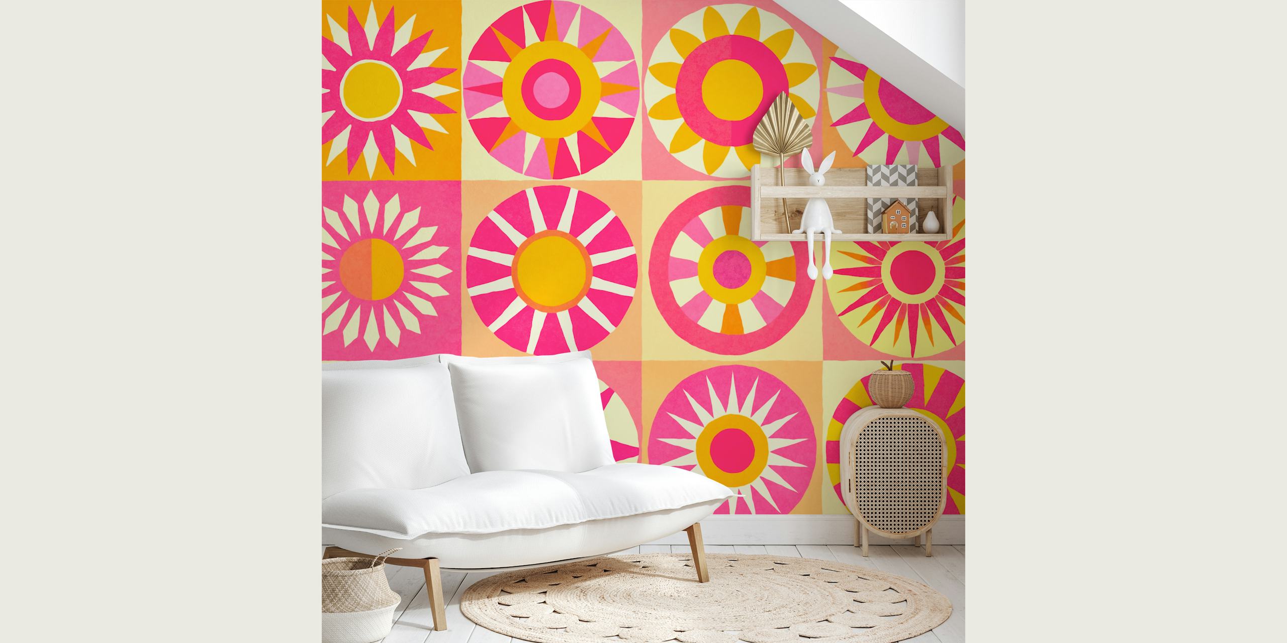 Geometric sun and circle patterns in pink and orange wallpaper