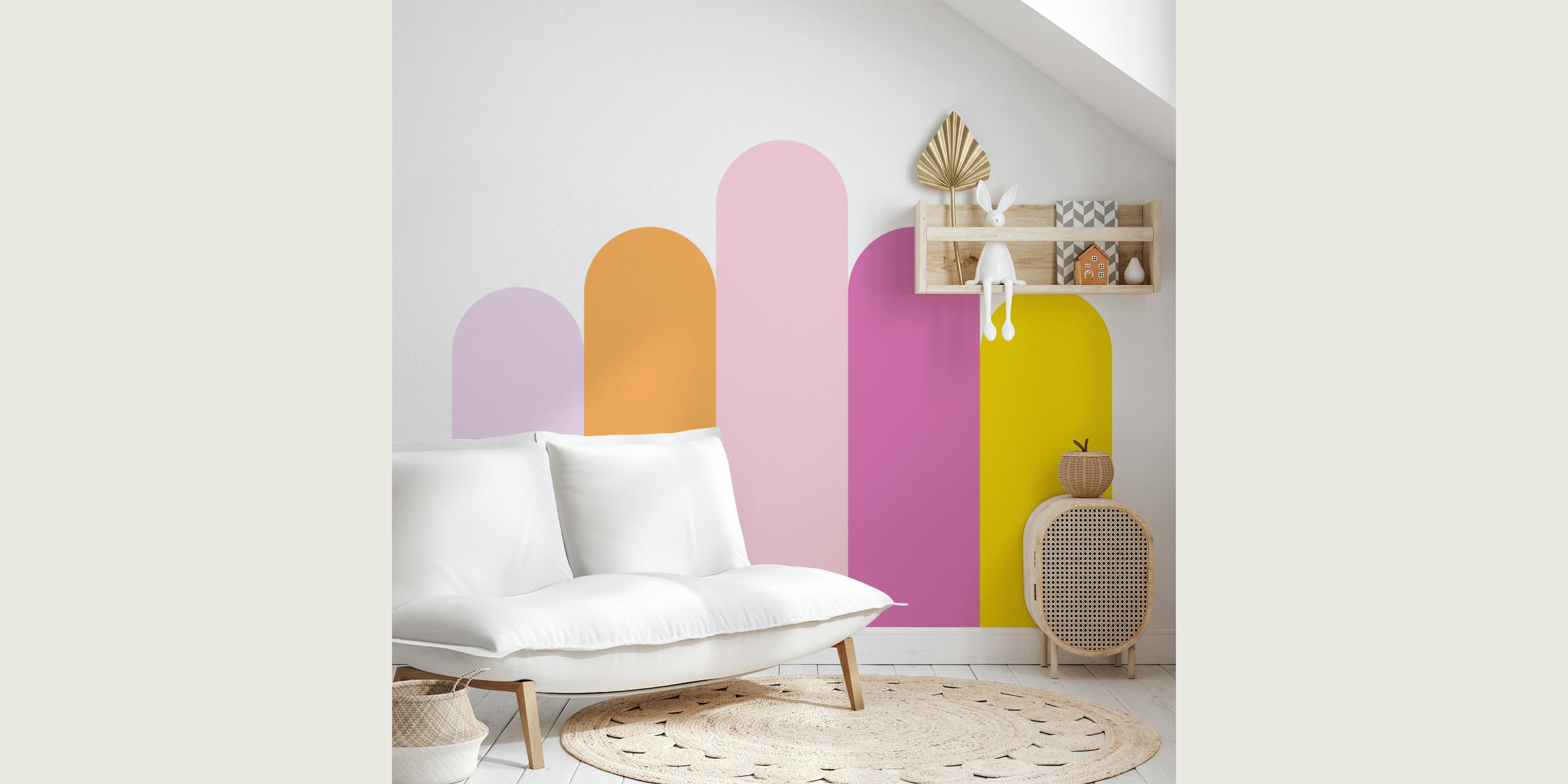 Colorful pastel rainbow arches in yellow, pink, orange, and lavender wallpaper