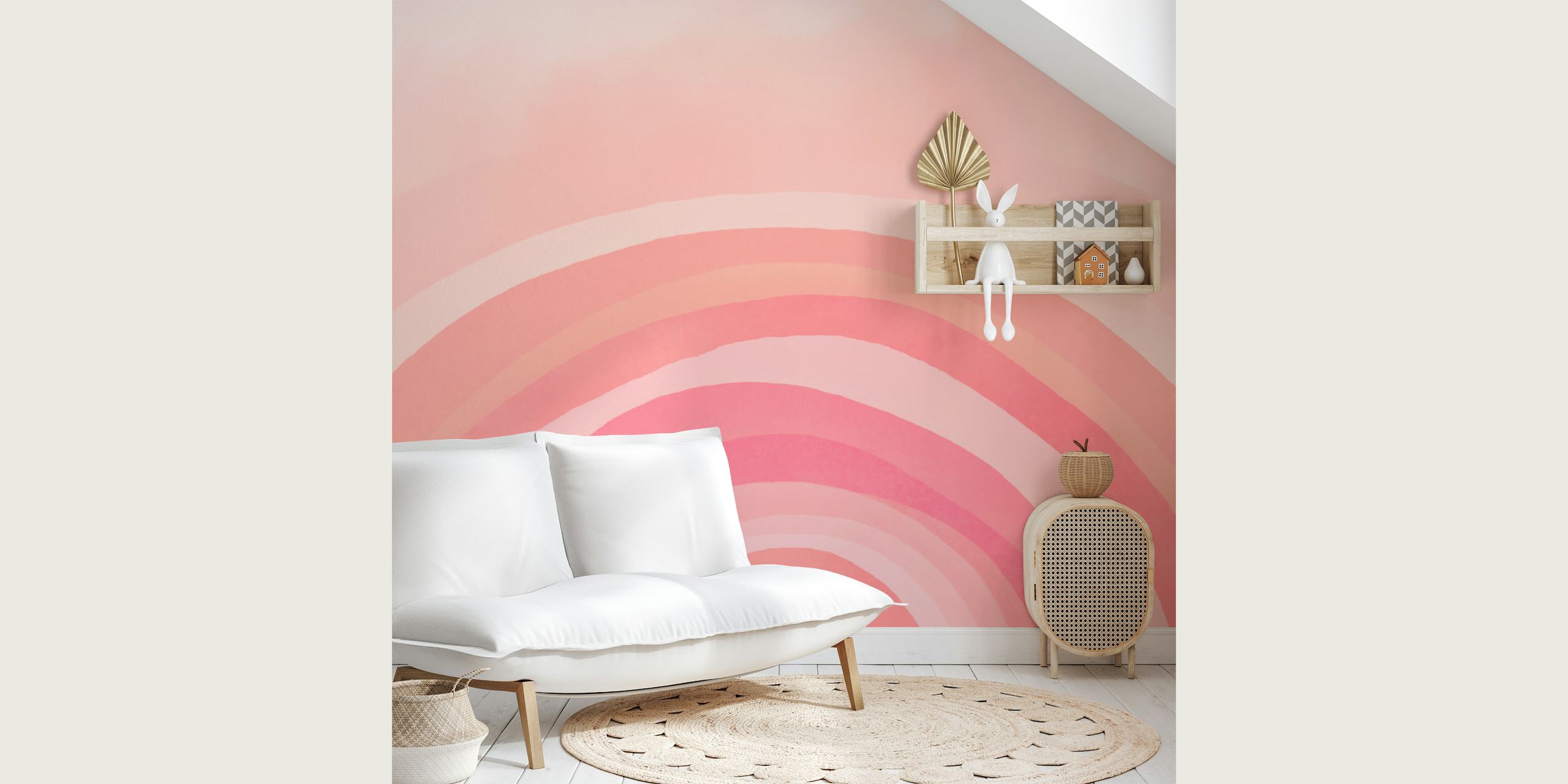 Whimsy boho pastel pink rainbow wallpaper in room