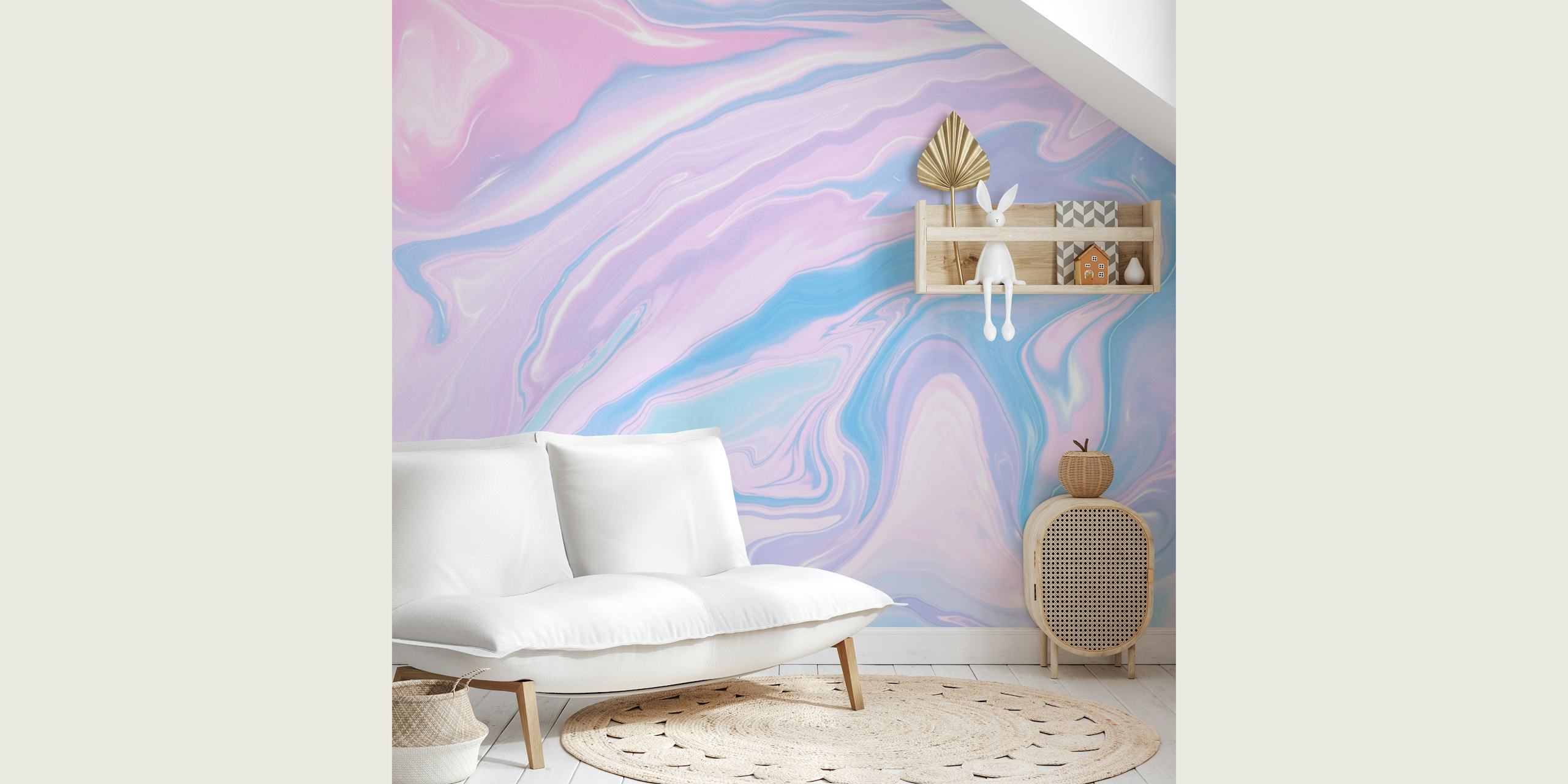 Swirling pastel colors in pink, blue, and lavender marble wallpaper