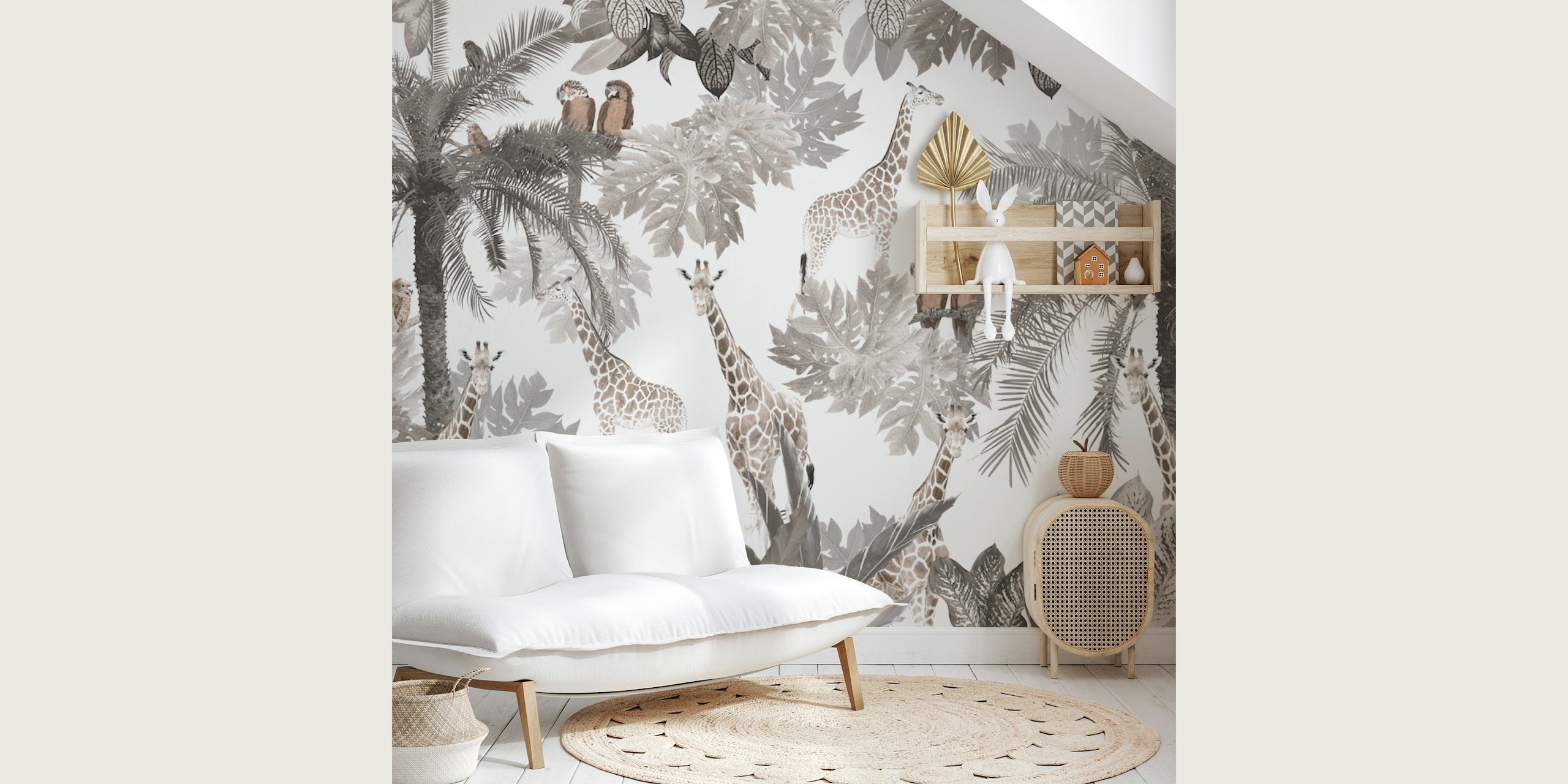 Tropical safari wallpaper with giraffes, palm leaves, and exotic birds in neutral tones