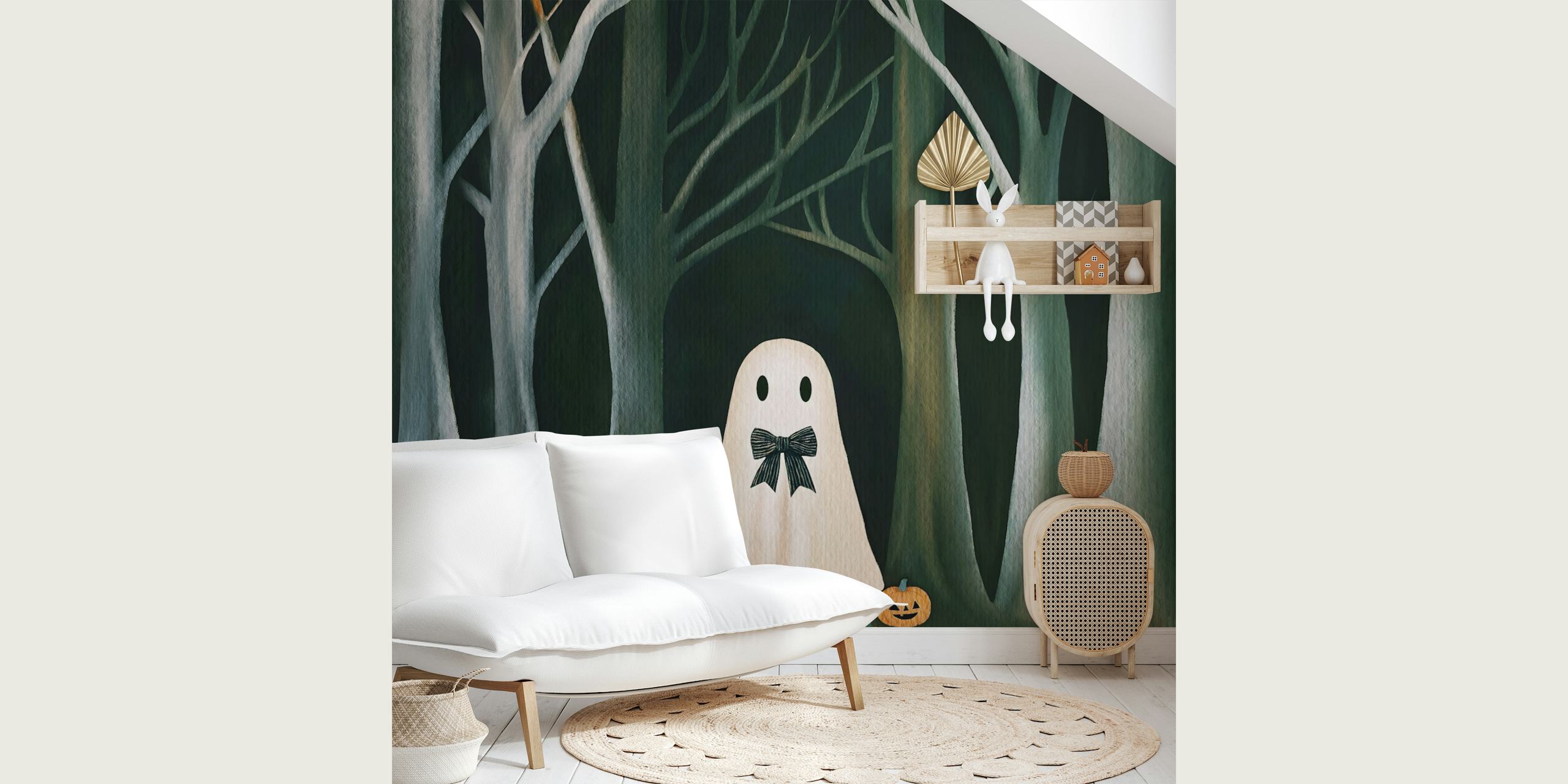 White ghost with bowtie and pumpkins in dark forest wallpaper
