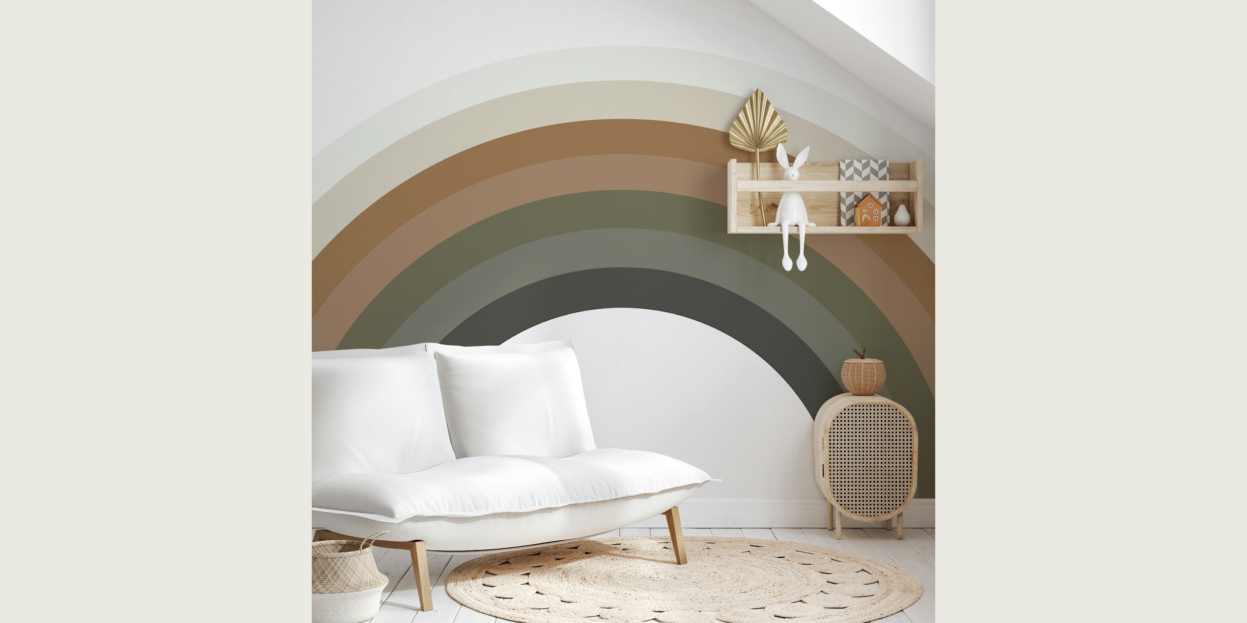 Modern rainbow design in earthy tones including dark green, brown, and cream wallpaper