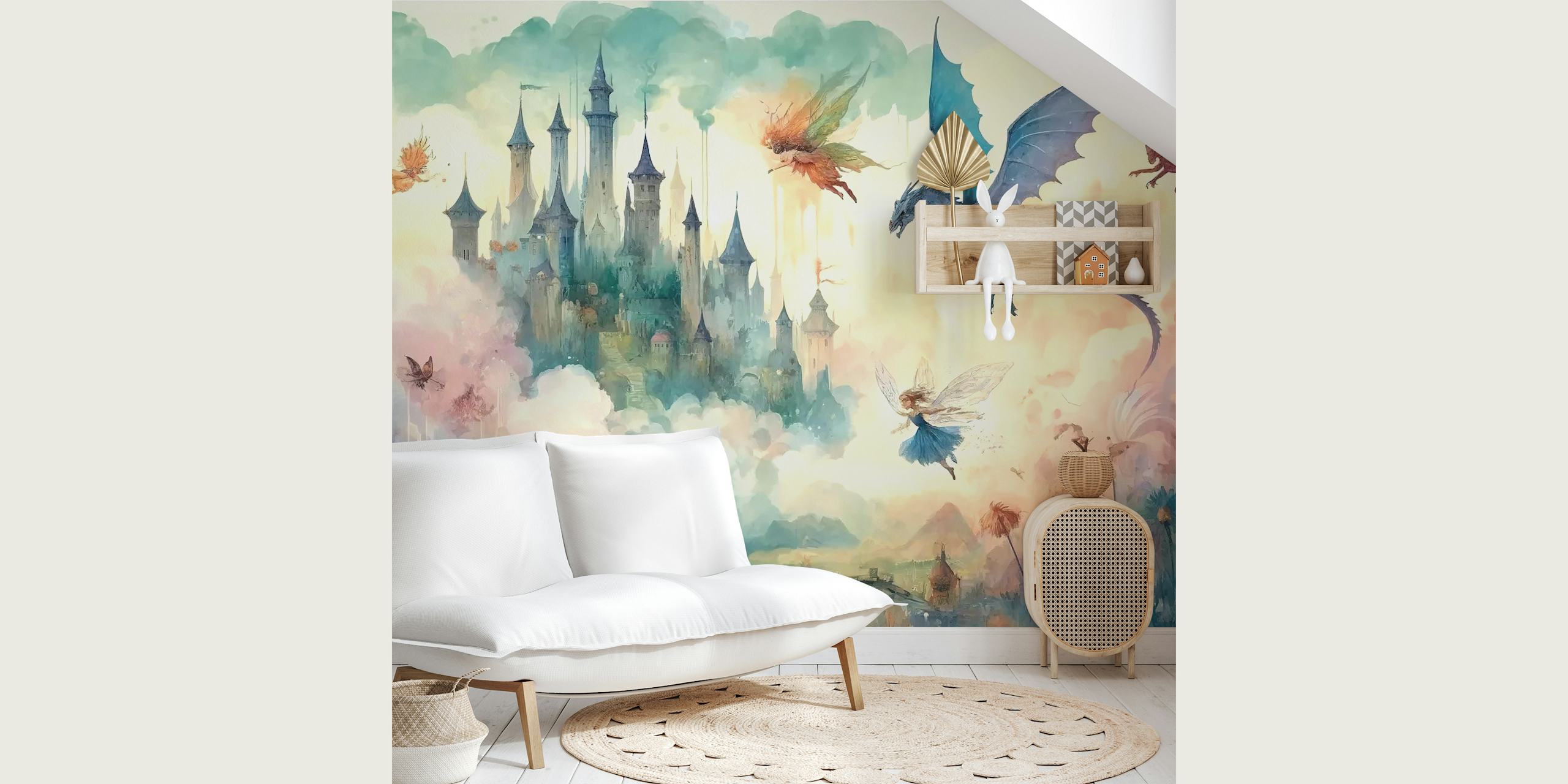 Colorful castle with fairies and dragons, blue and pastel mural wallpaper