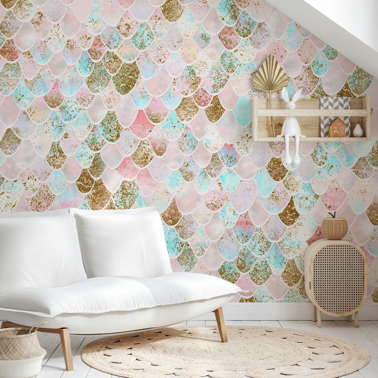 Mermaid scales pattern in pastel pink, blue, and gold tones wallpaper