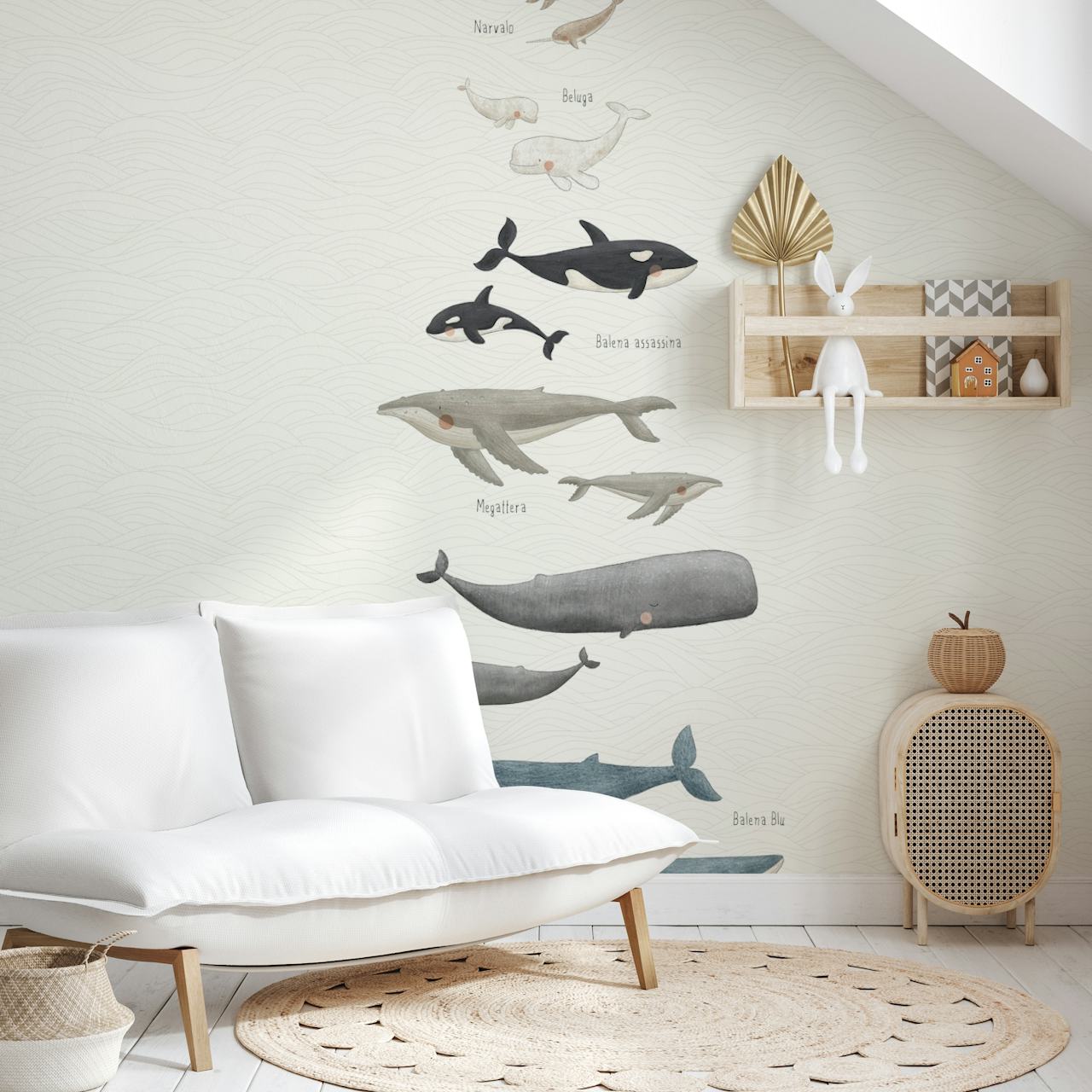 Whale and dolphin illustrations on a textured background wallpaper