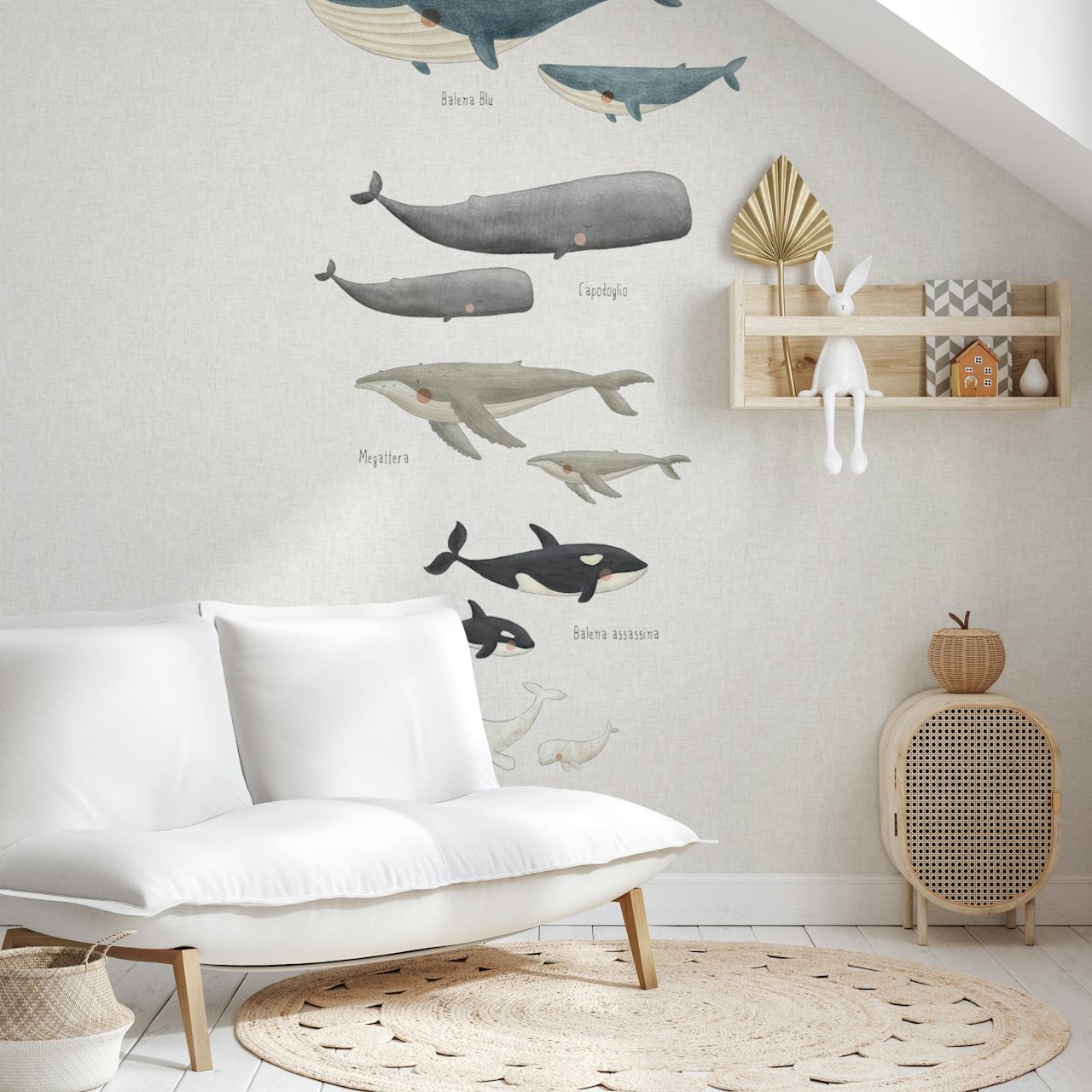Whale species Italian behang in een kamer